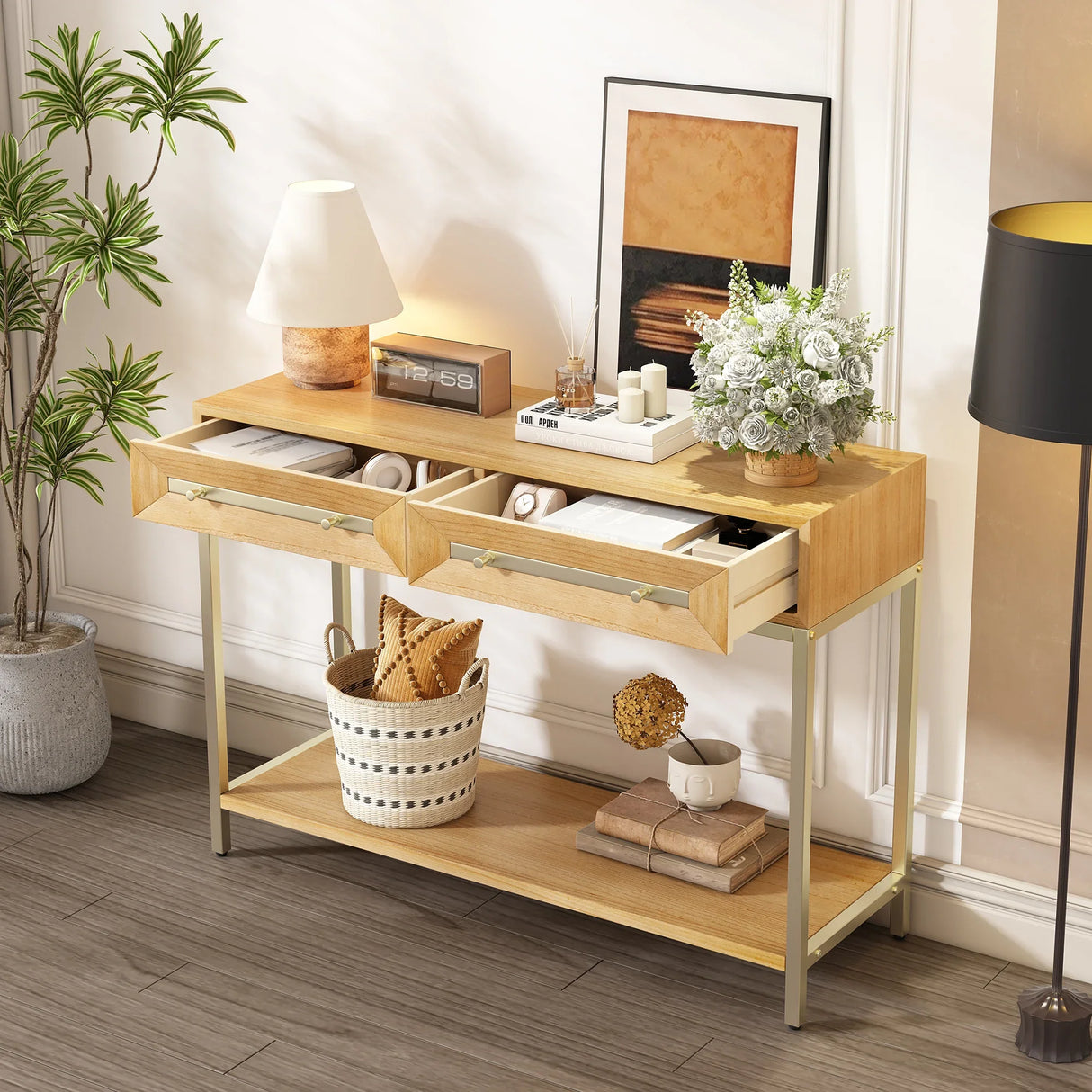 Console Table With Two Drawers Geometric Design Natural - Furniture Home Direct