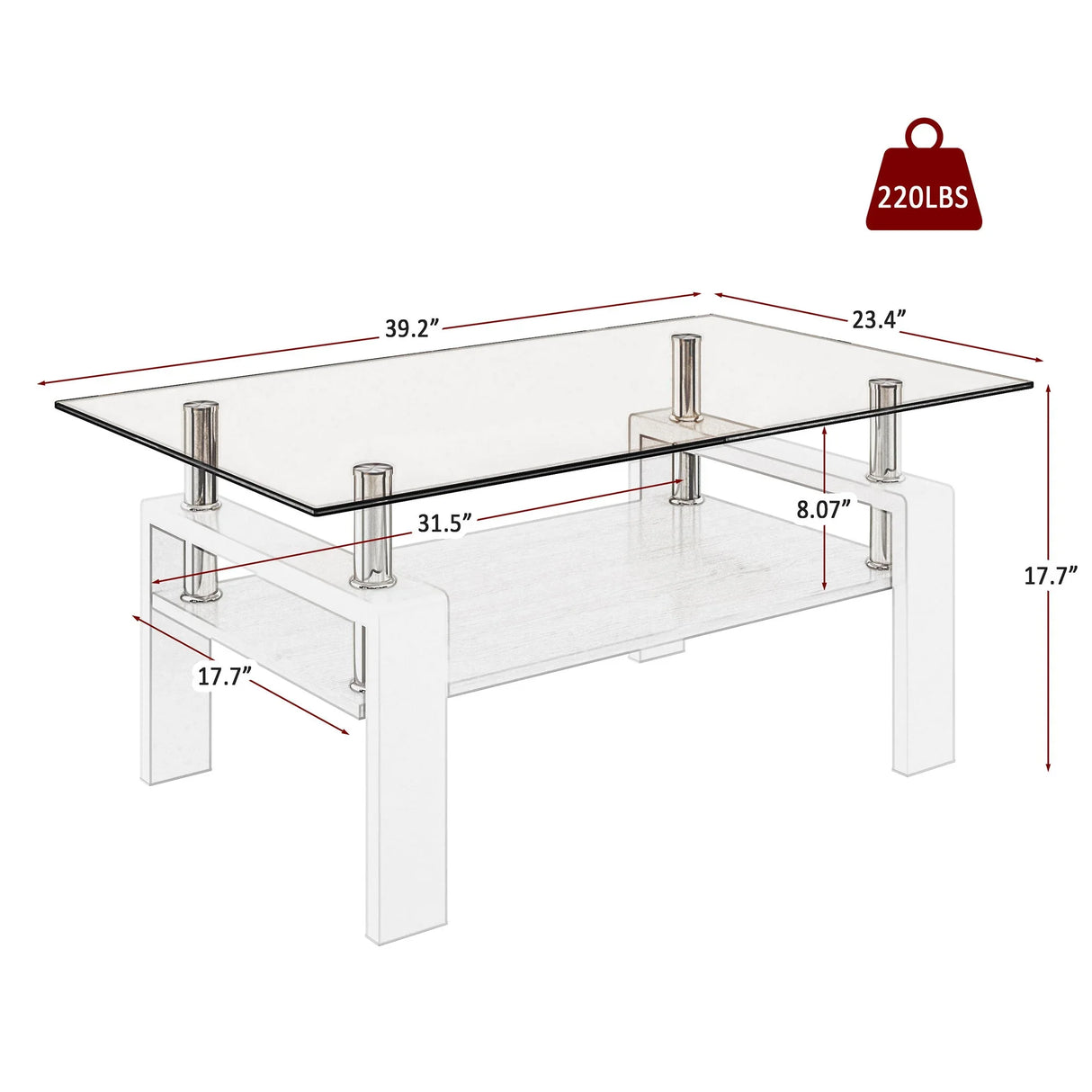 Modern Rectangular Coffee Table With Tempered Transparent Glass Top And Storage Shelf - Furniture Home Direct