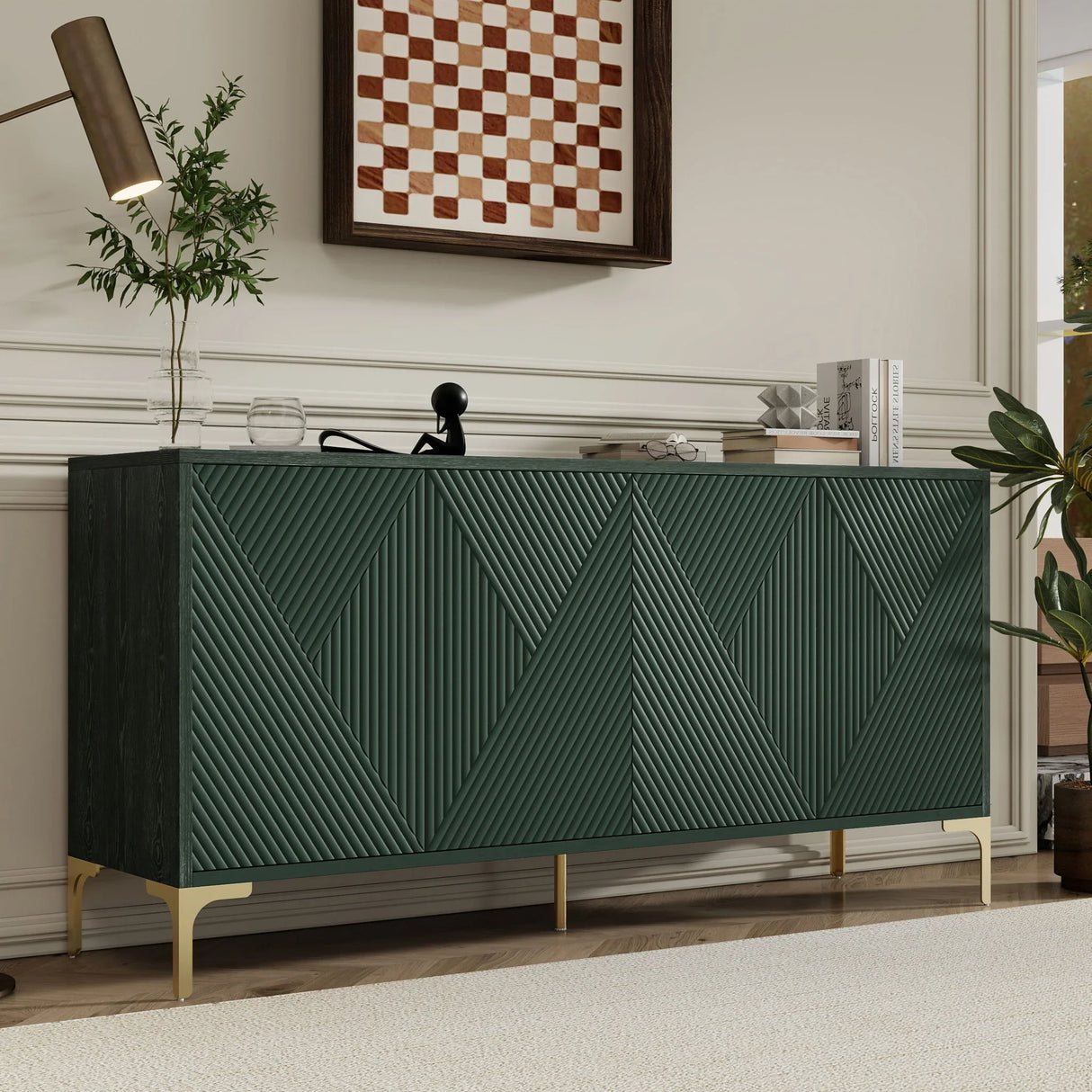 Modern Wood Sideboard Cabinet With Carved Door Panels, Adjustable Shelves, And Sturdy Metal Legs - Furniture Home Direct