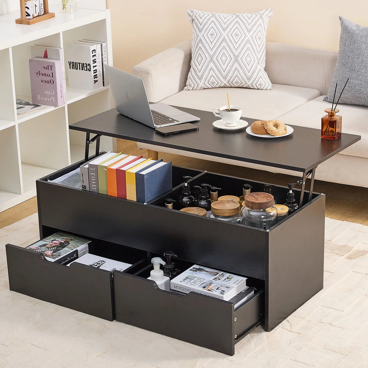 Lift-Top Coffee Table With Storage Center Tables Hidden Compartment & 2 Drawers, Sofa Table For Living Room - Black - Furniture Home Direct