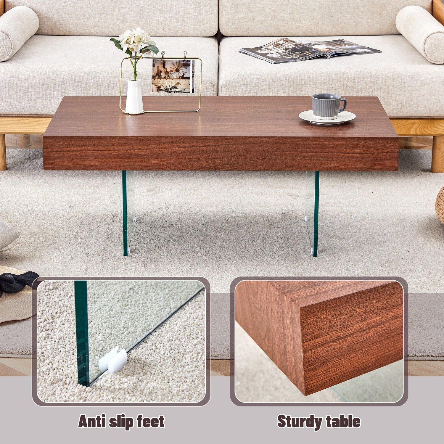 Coffee Table Faux Wood Top Glass Legs Modern Walnut - Furniture Home Direct