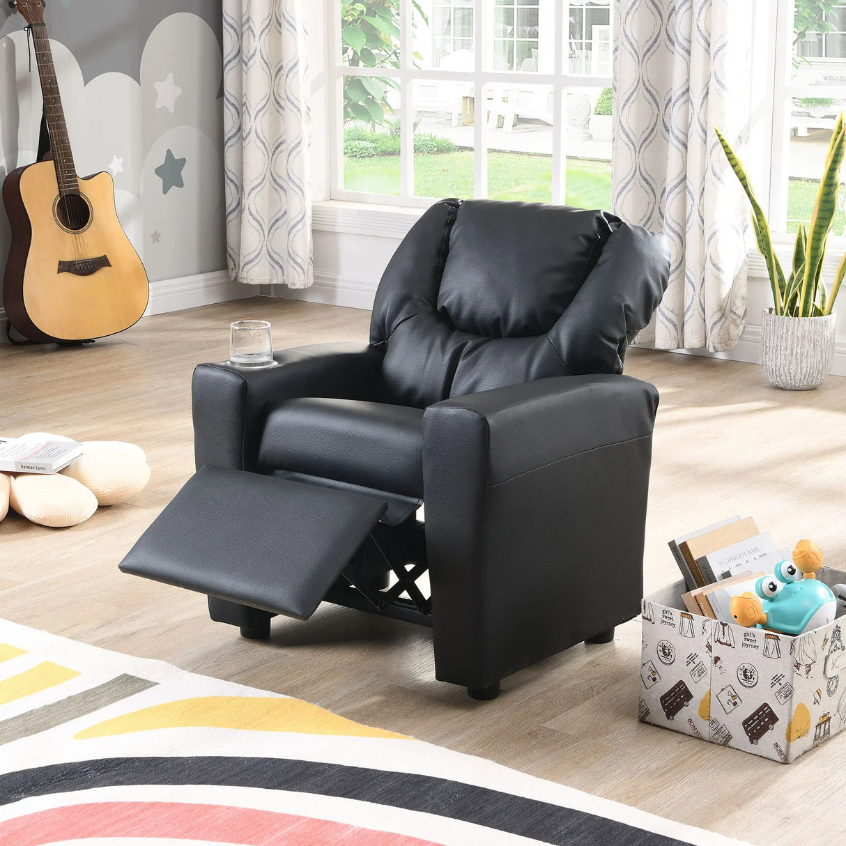 Sally Deluxe Kids Recliner Chair With Cup Holder - Black - Furniture Home Direct