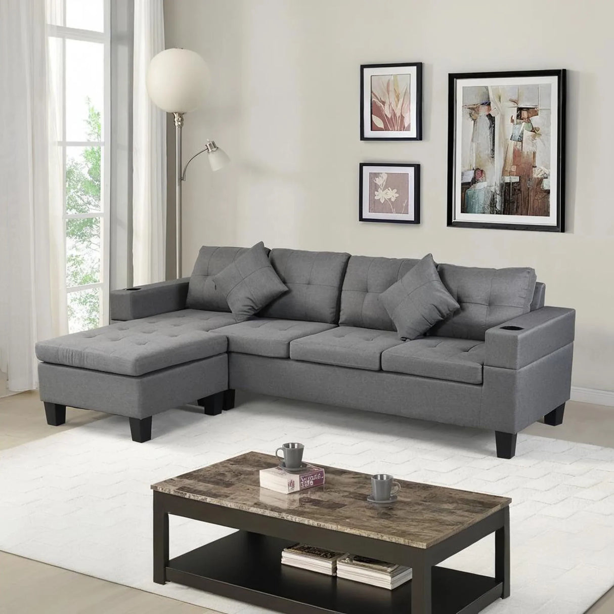 Modern Sectional Sofa Set With L Shape Chaise Lounge, Cup Holder, 4 Seat - Gray - Furniture Home Direct