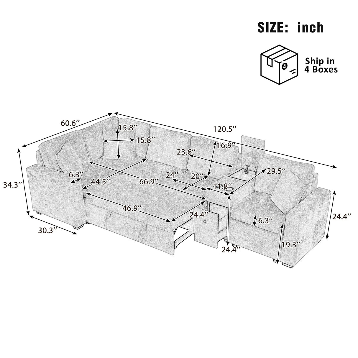Contemporary L Shaped Convertible Sofa Bed With Pull Out Bed, Cup Holders, And Storage - Furniture Home Direct