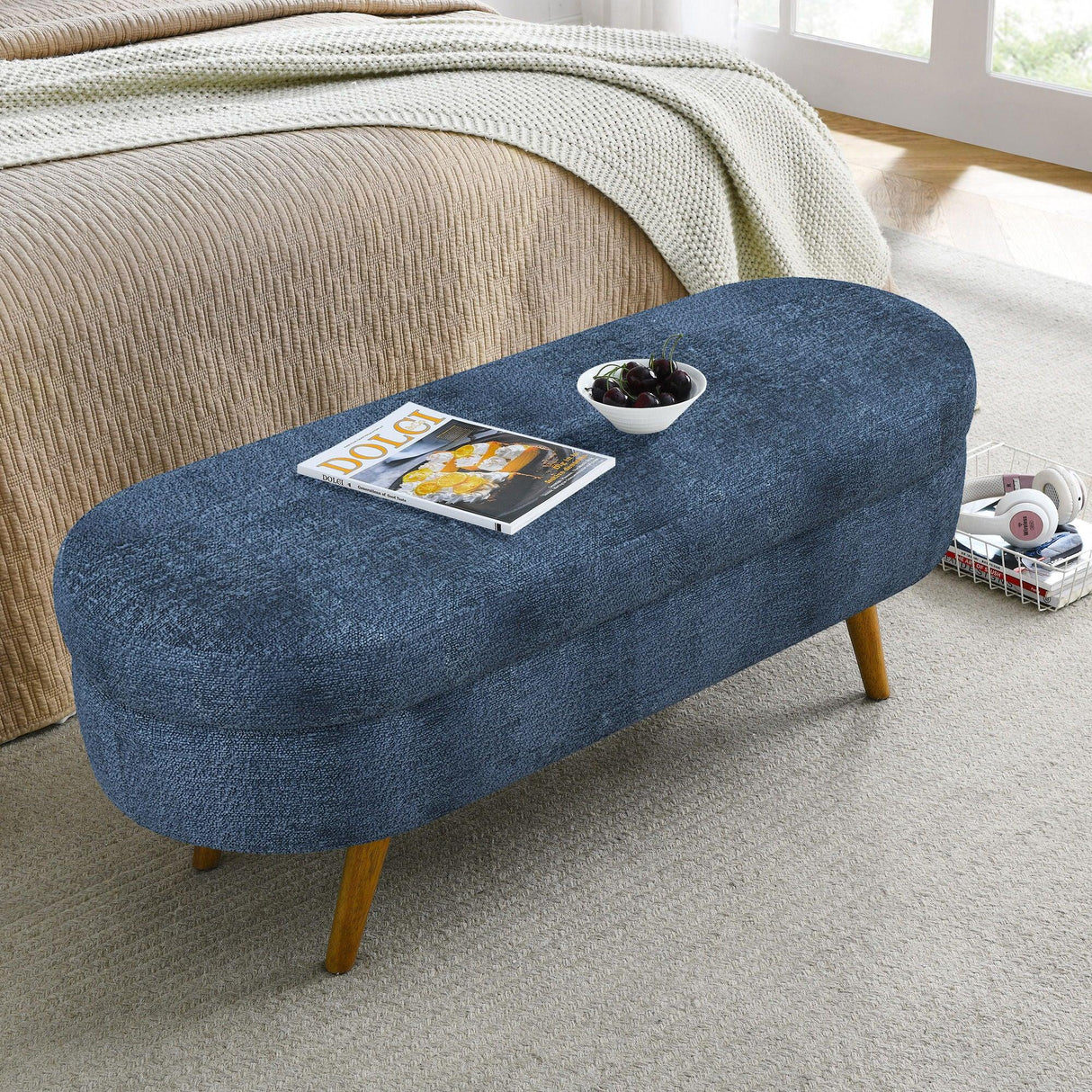Modern Ottoman Oval Storage Bench With Rubber Wood Legs - Furniture Home Direct