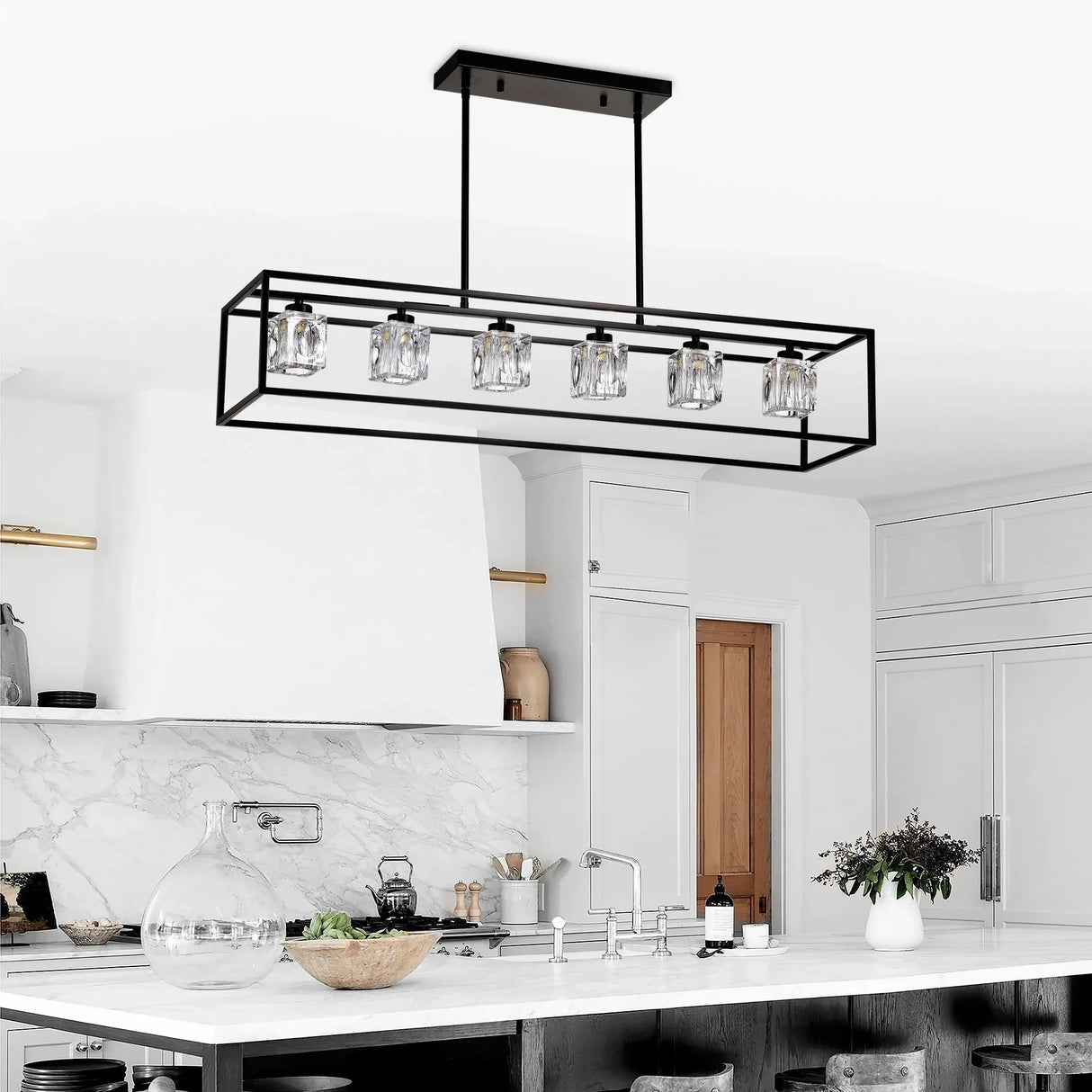 6 Light Farmhouse Chandelier, Modern Industrial Linear Rectangular Crystal Pendant Light Cage Chandelier For Dining Room, Kitchen Island, Bar, Long Table, G9*6 Bulbs Included - Matte Black - Furniture Home Direct