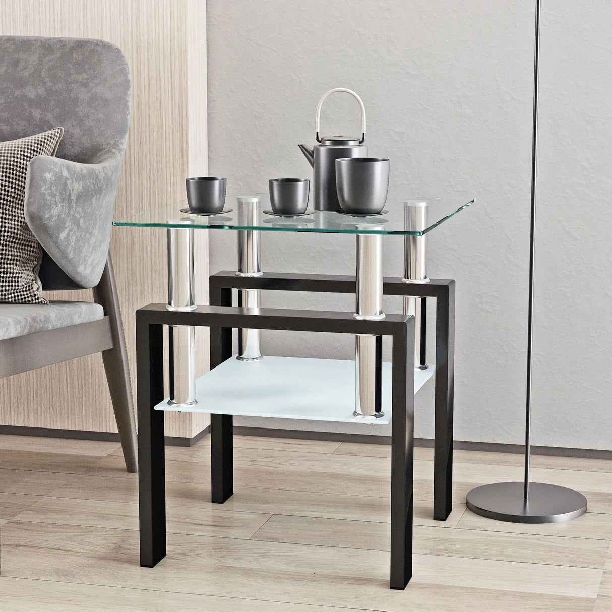 Modern Tempered Glass Tea Table, End Square Table For Living Room - Furniture Home Direct