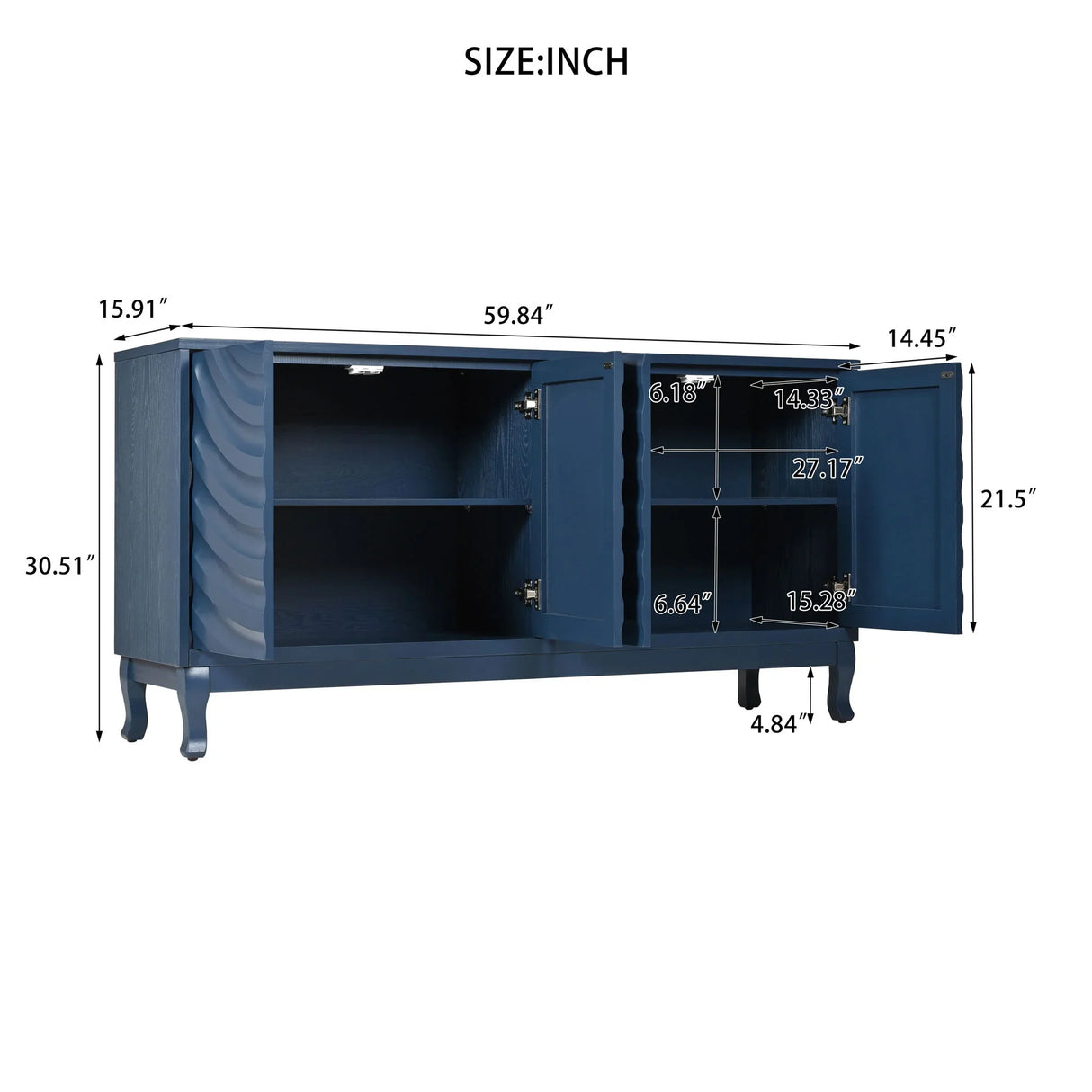 Elegant Sideboard With Sophisticated Wavy Pattern Doors And Arched Groove Design, Adjustable 4 Door Layout - Furniture Home Direct