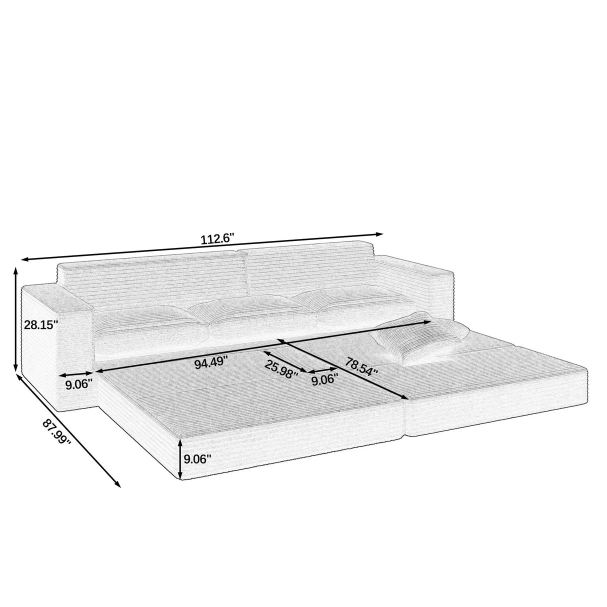 Modern Minimalist L Shape Modular Sectional Sofa, Corduroy Couch - Furniture Home Direct
