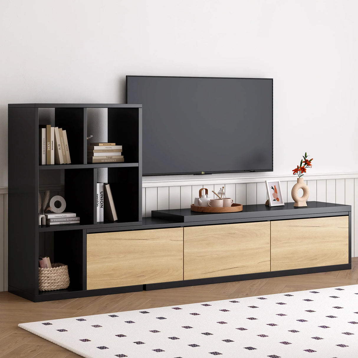 TV Stand With Open Shelves And Three Wood Drawers Black - Furniture Home Direct