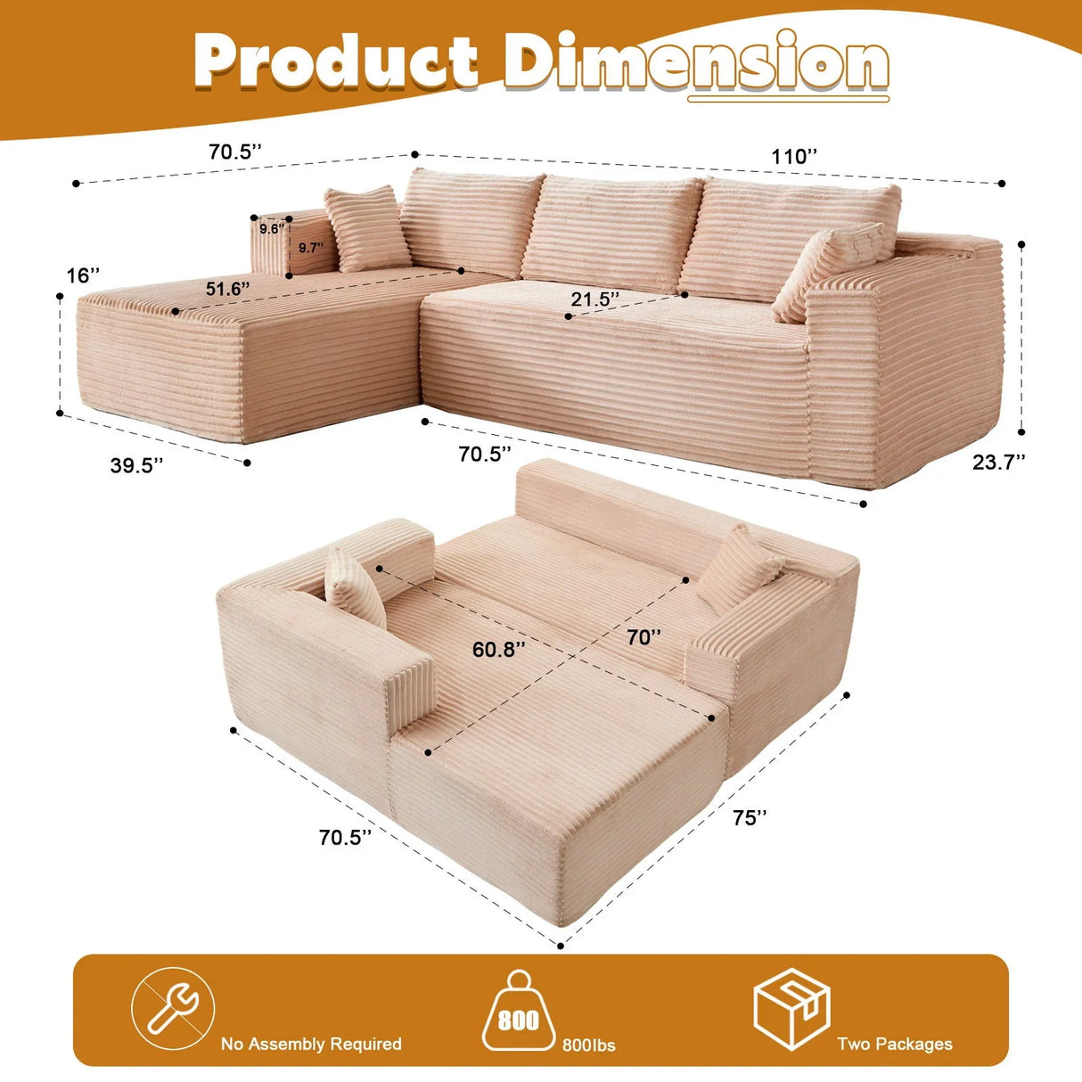 Compression Sectional Couch With Comfy Chaise, Boneless L Shape Sofa With Deep Seat - Furniture Home Direct