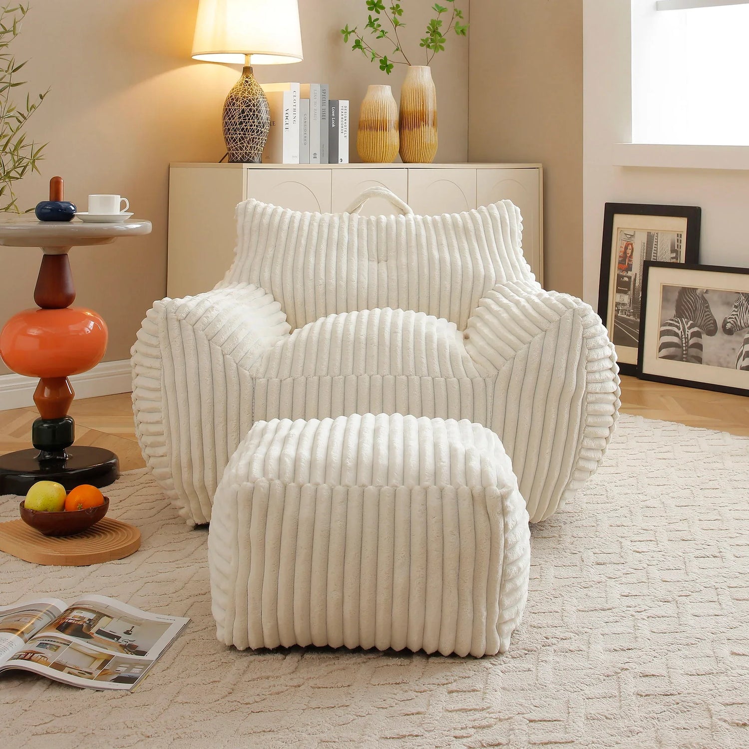 Giant Plush Bean Bag Chair With Armrests And Footstool - Furniture Home Direct