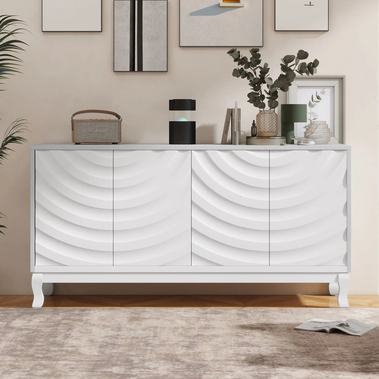 Elegant Sideboard With Sophisticated Wavy Pattern Doors And Arched Groove Design, Adjustable 4 Door Layout - Furniture Home Direct