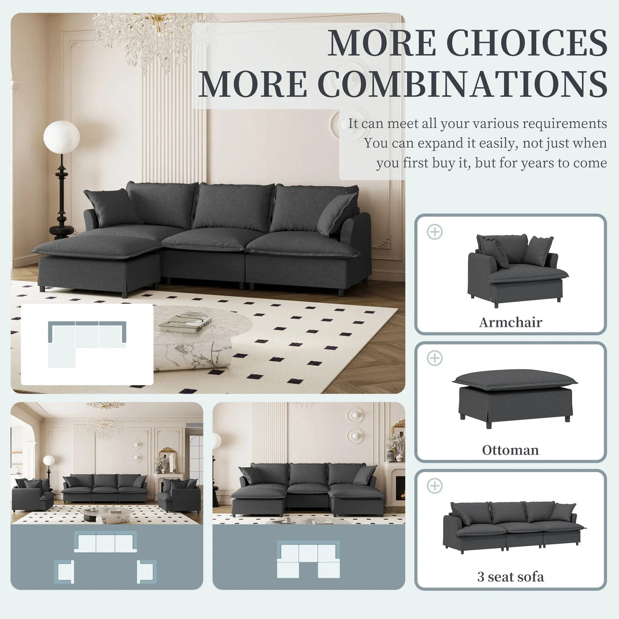 Sectional Sofa With Ottoman Cloud Couch Set With Throw Pillows, Free Combination - Furniture Home Direct