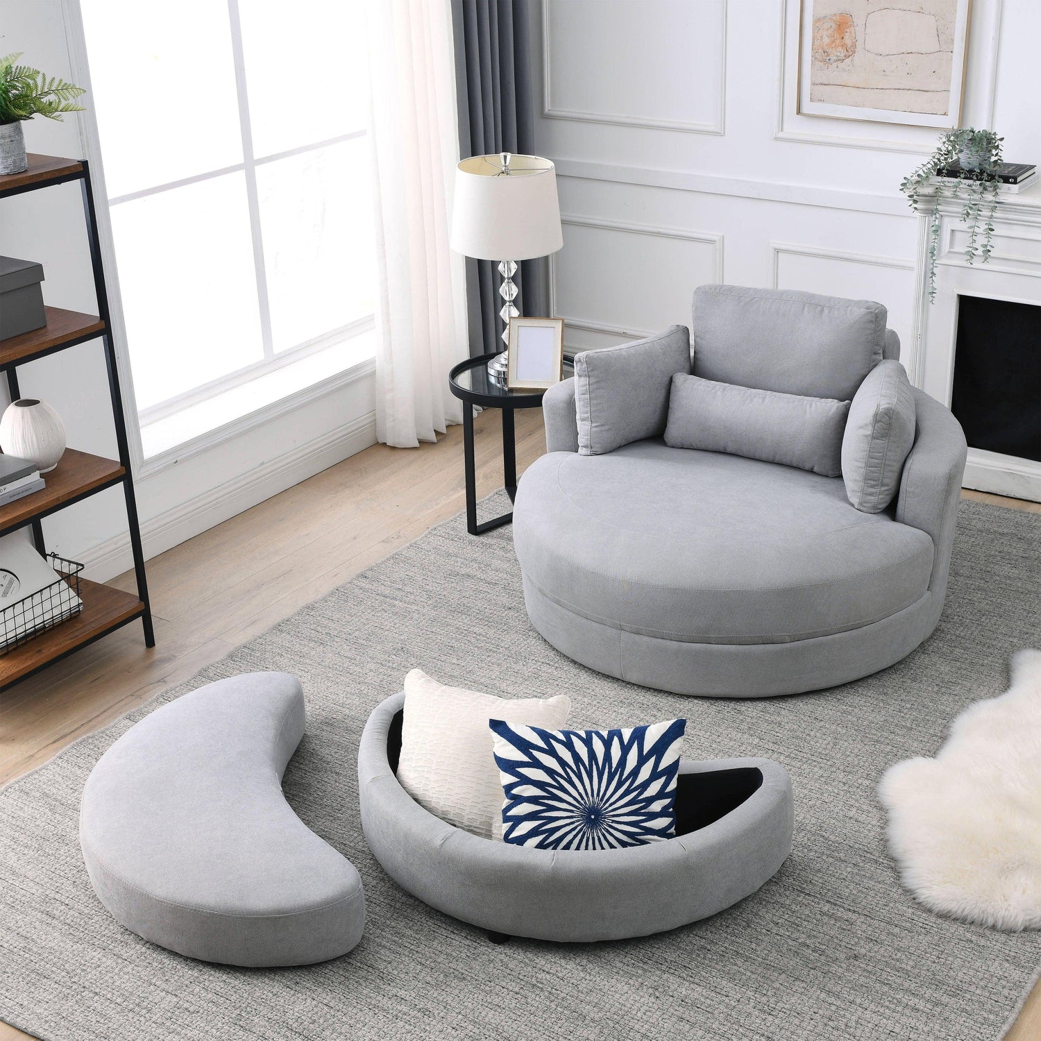 Linen Barrel Swivel Chair With Storage Ottoman - Furniture Home Direct