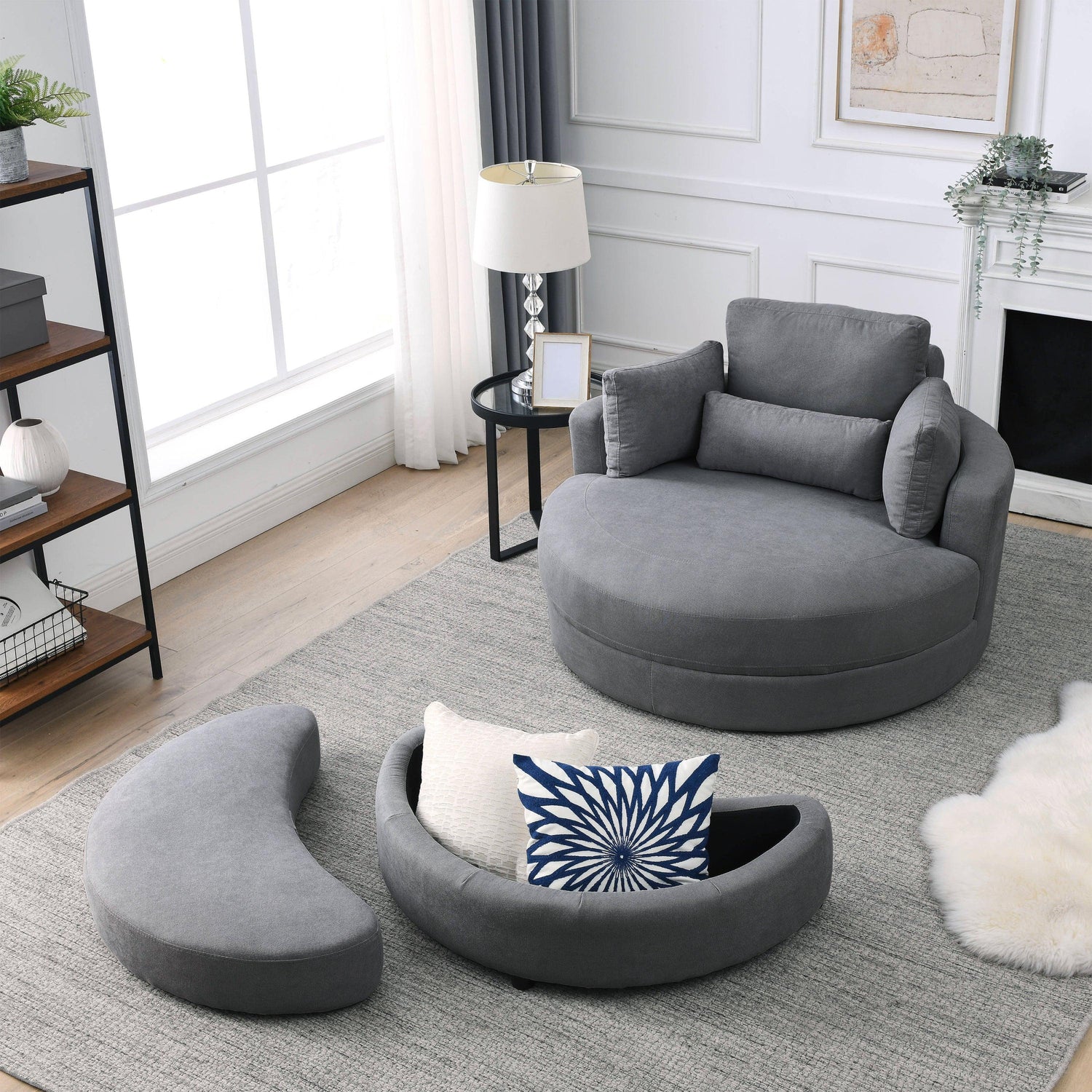 Linen Barrel Swivel Chair With Storage Ottoman - Furniture Home Direct