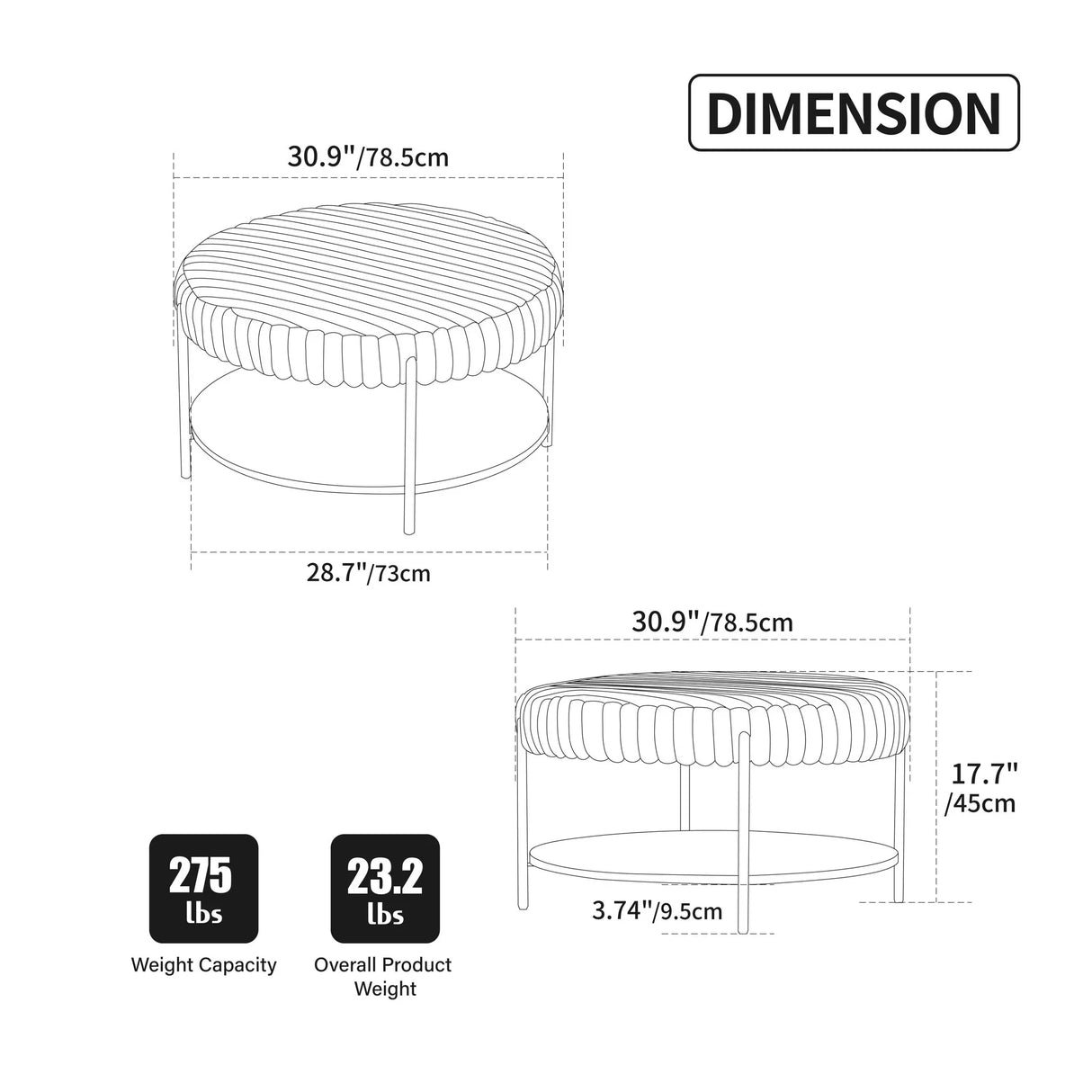 Modern Upholstered Round Ottoman Coffee Table With Storage Shelf - Furniture Home Direct
