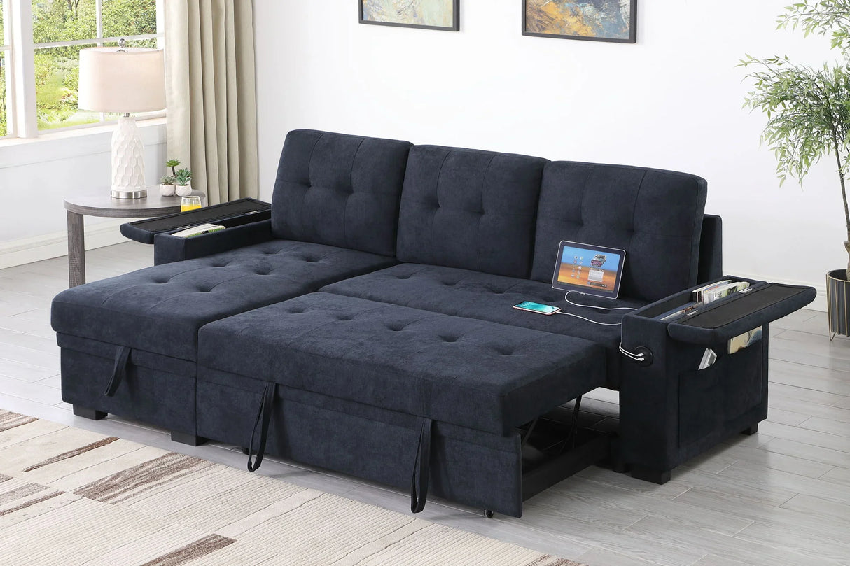 Ashlyn II - 84"W Woven Fabric Reversible Sleeper Sectional Sofa with Storage Chaise - Furniture Home Direct