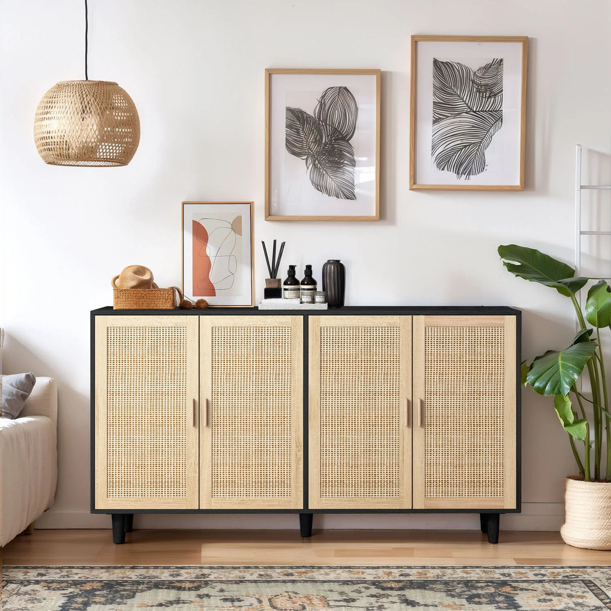 Elegant And Functional Rattan Decorative Storage Cabinet With 4 Doors - Furniture Home Direct
