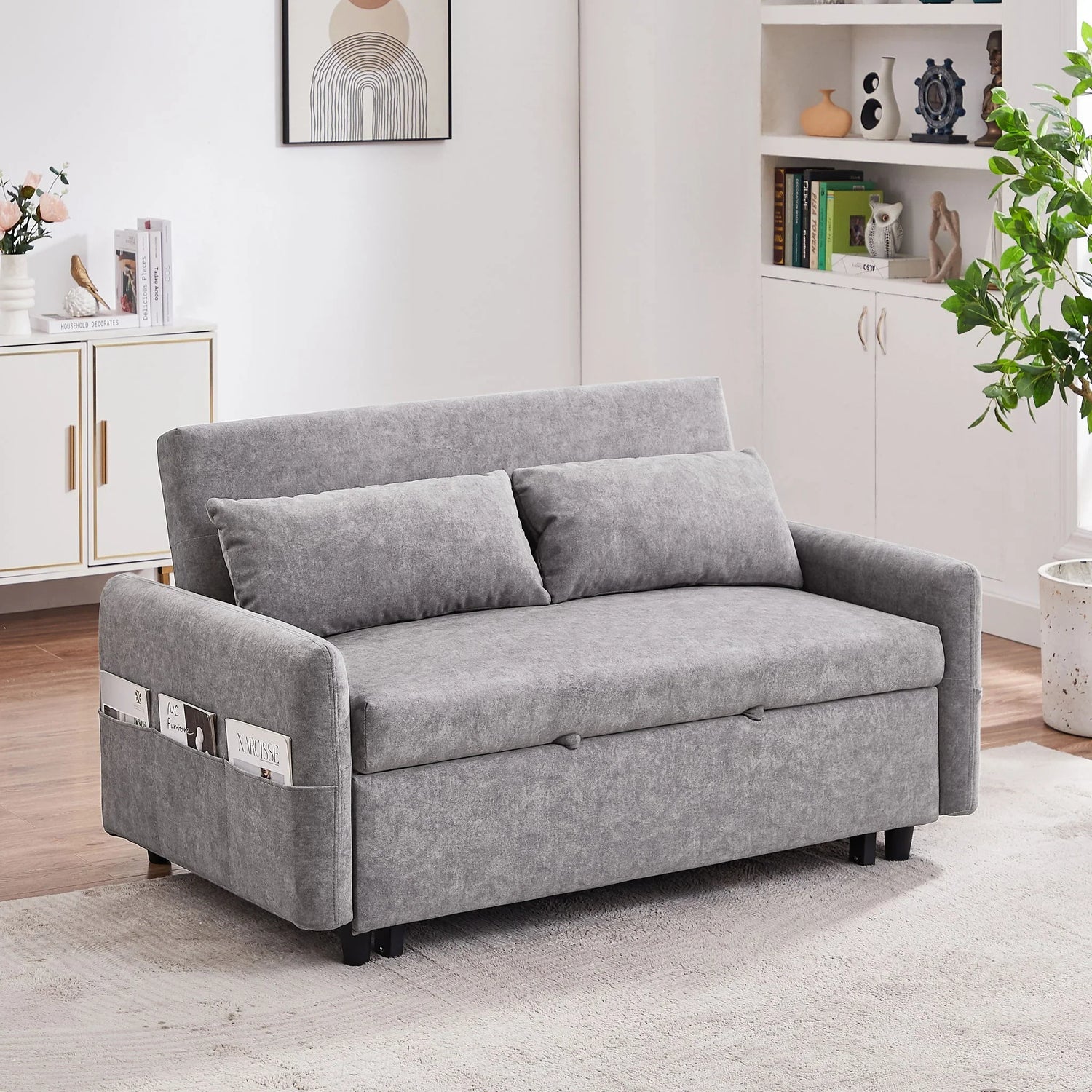 Pull Out Sleep Sofa Bed Loveseats Sofa Couch With Adjsutable Backrest, Storage Pockets, 2 Soft Pillows, USB Ports For Living Room, Bedroom, Apartment, Office - Furniture Home Direct