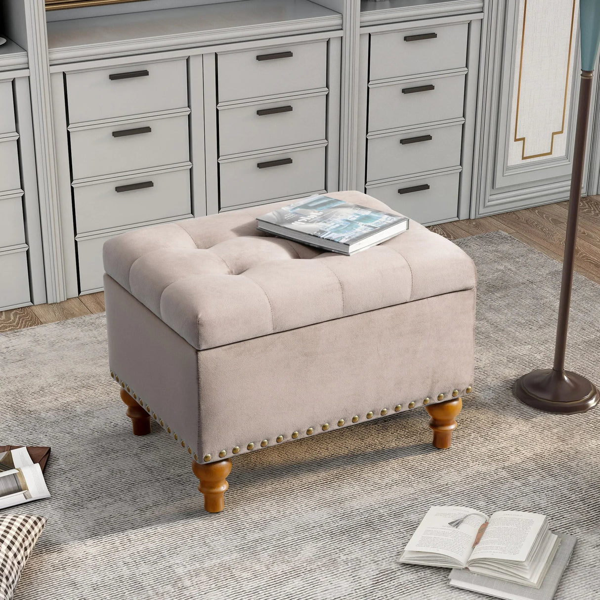 Upholstered Ottoman With Storage And Rivet Trim - Furniture Home Direct