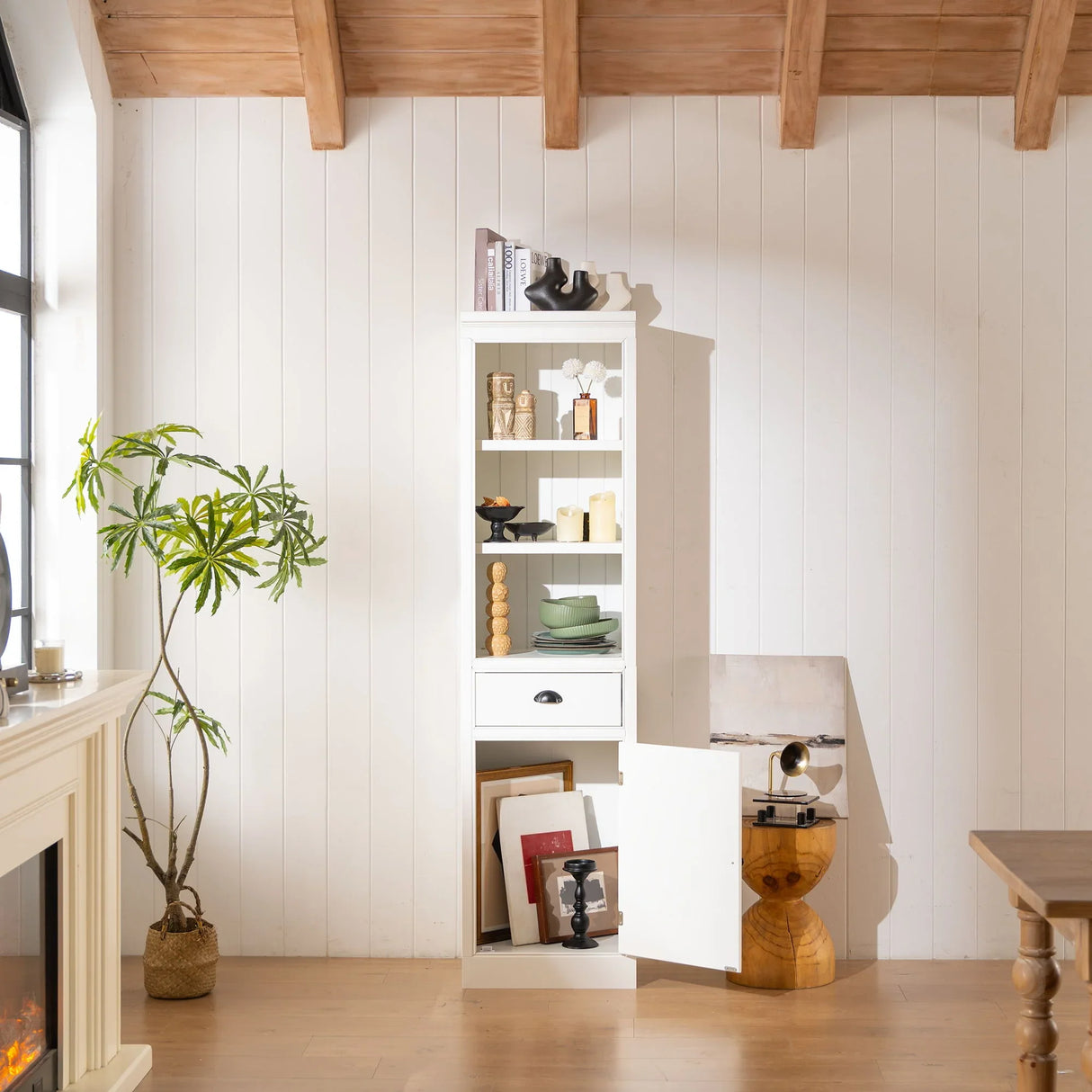 Retro Style 75'' Tall Display Shelf With Cabinet For Hallways Living Room Kitchen - White - Furniture Home Direct