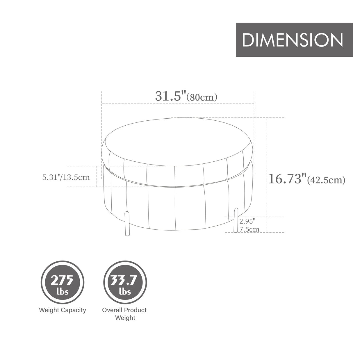 Upholstered Round Ottoman With Reversible Lid, Channel Tufted Pumpkin Shape - Furniture Home Direct