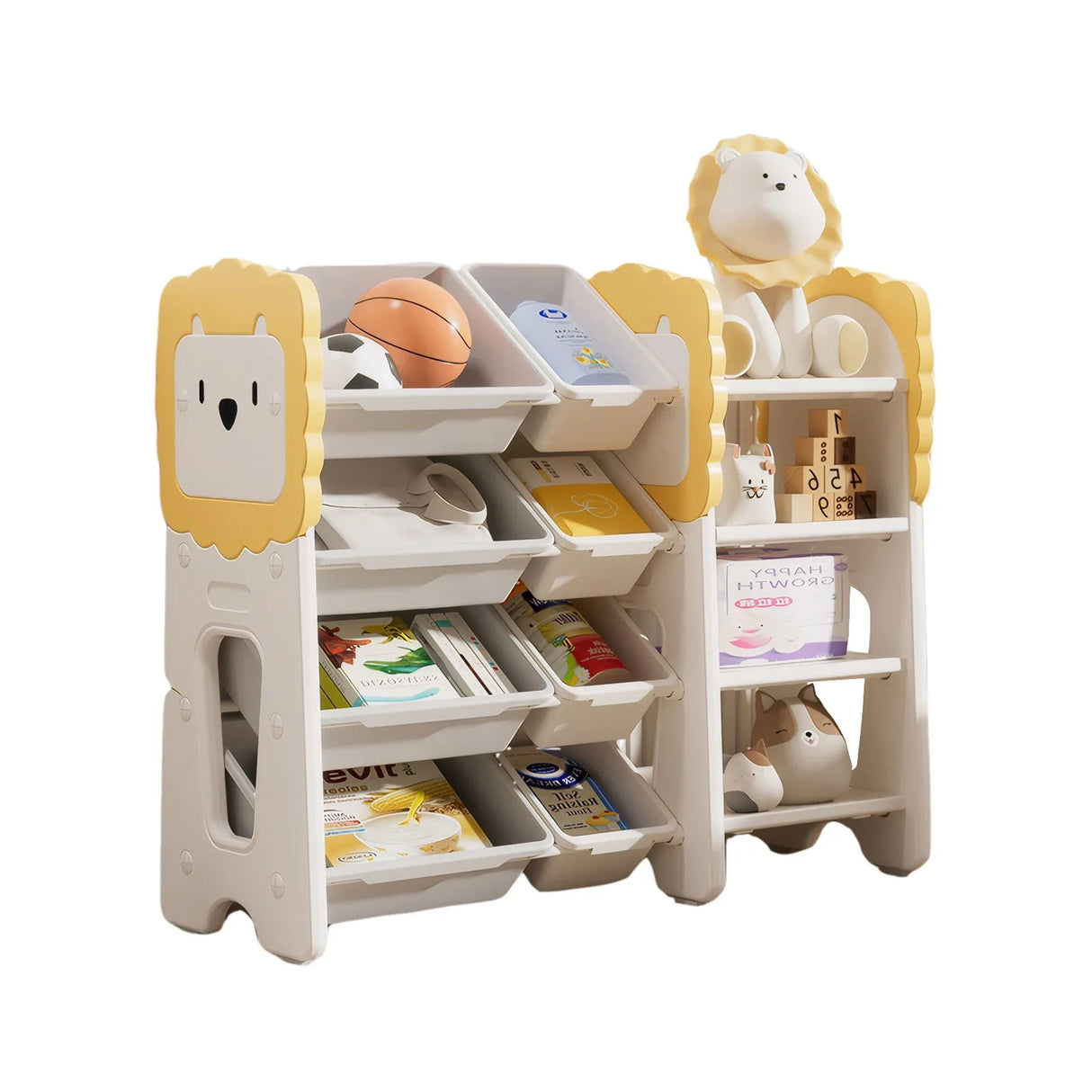 Kids Bookshelf And Toy Storage, 4 Tier Toy Organizers With 8 Removable Storage Bins, Kids Toy Storage Organizer For Study Room - Gray / White / Yellow - Furniture Home Direct