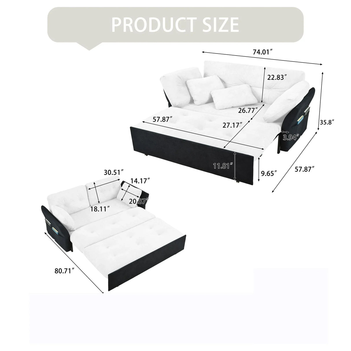 Modern Convertible Sleeper Sofa Bed With Pull-Out Queen Design, Side Storage & Thick Cushions - Furniture Home Direct