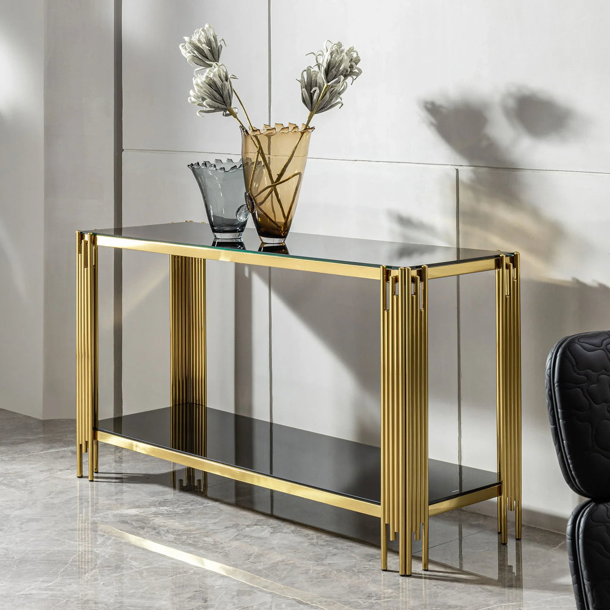 Modern Glass Top Mirror Stainless Steel Console Table For Living Room, Tempered Glass - Black / Gold - Furniture Home Direct