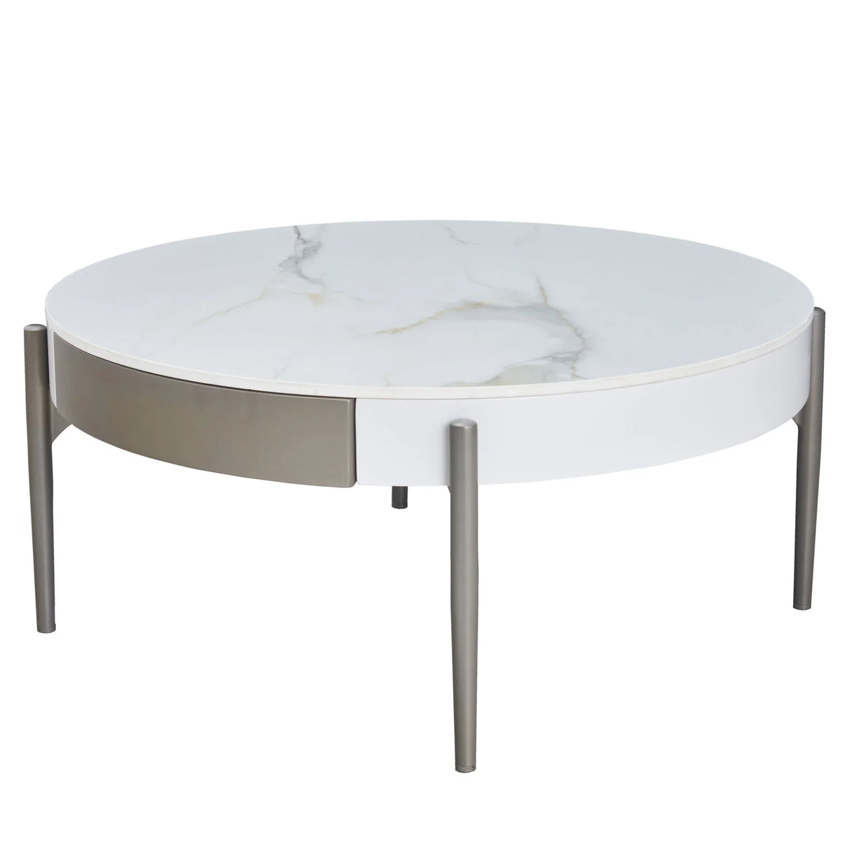 Modern Round Coffee Table With Storage Drawers Handcrafted Ceramic Inlay Tabletop 2 Tone Wood Legs Scandinavian Living Room Center Table - White / Gray - Furniture Home Direct