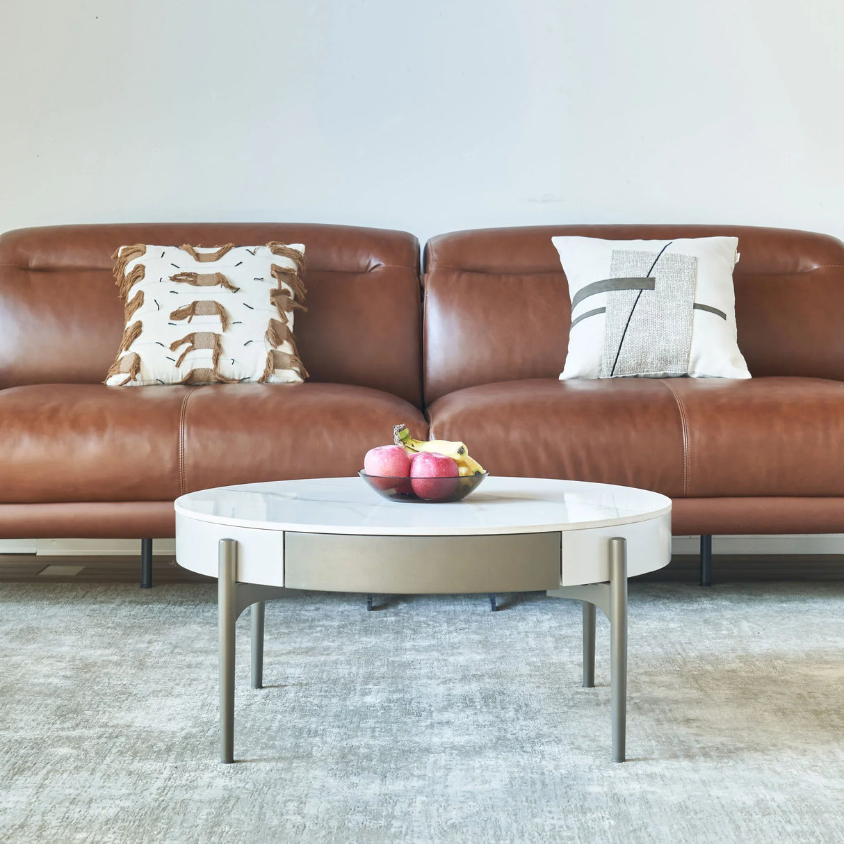 Modern Round Coffee Table With Storage Drawers Handcrafted Ceramic Inlay Tabletop 2 Tone Wood Legs Scandinavian Living Room Center Table - White / Gray - Furniture Home Direct