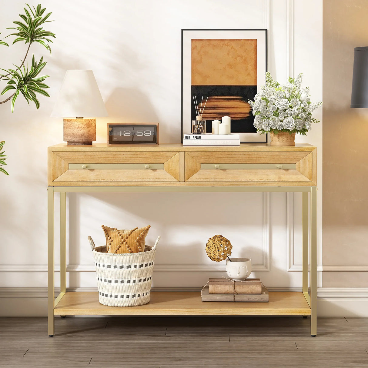 Console Table With Two Drawers Geometric Design Natural - Furniture Home Direct