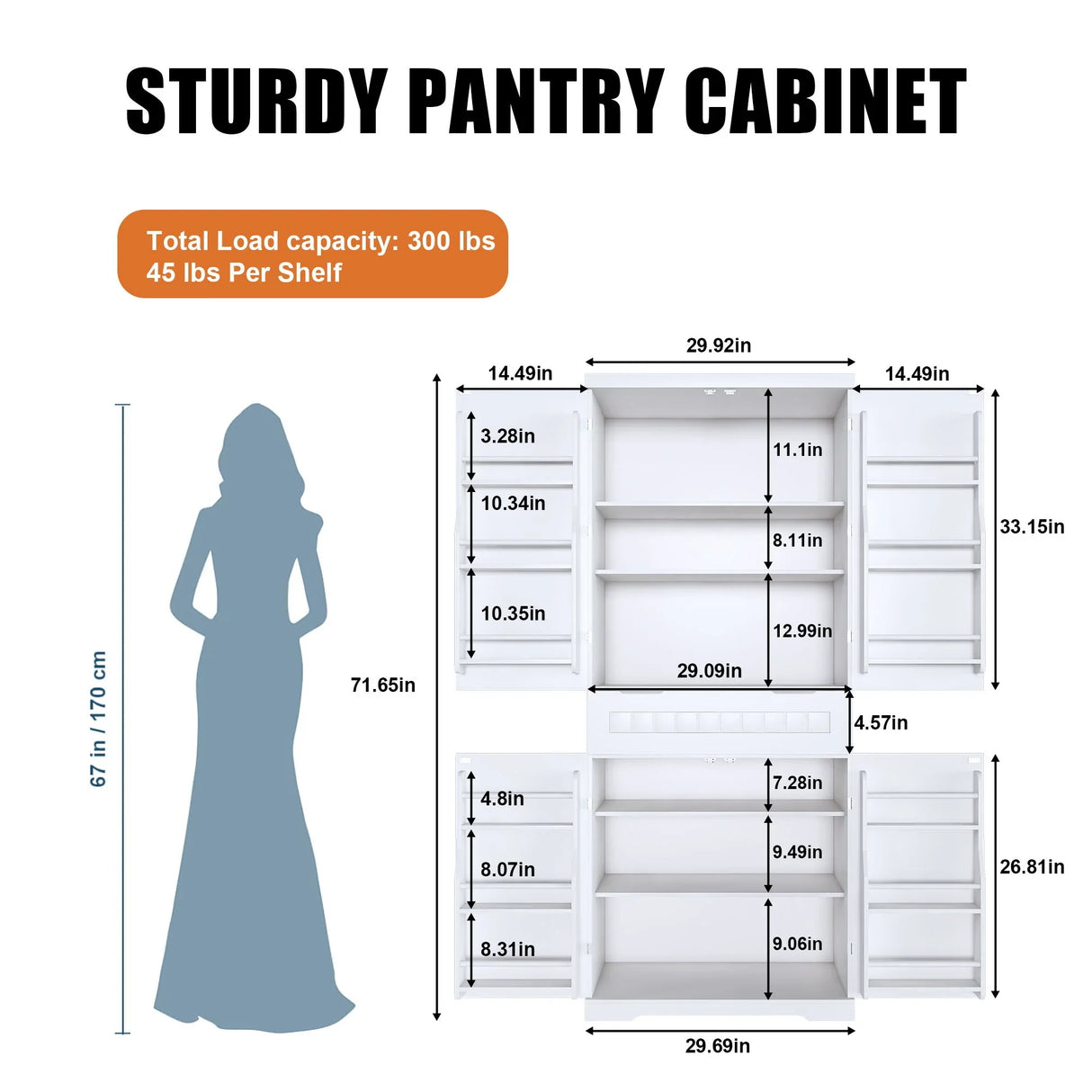 Farmhouse Style Pantry Cabinet With Drawer 2 Cabinets & 6 Door Shelves Adjustable Shelves Freestanding Cupboard - White - Furniture Home Direct