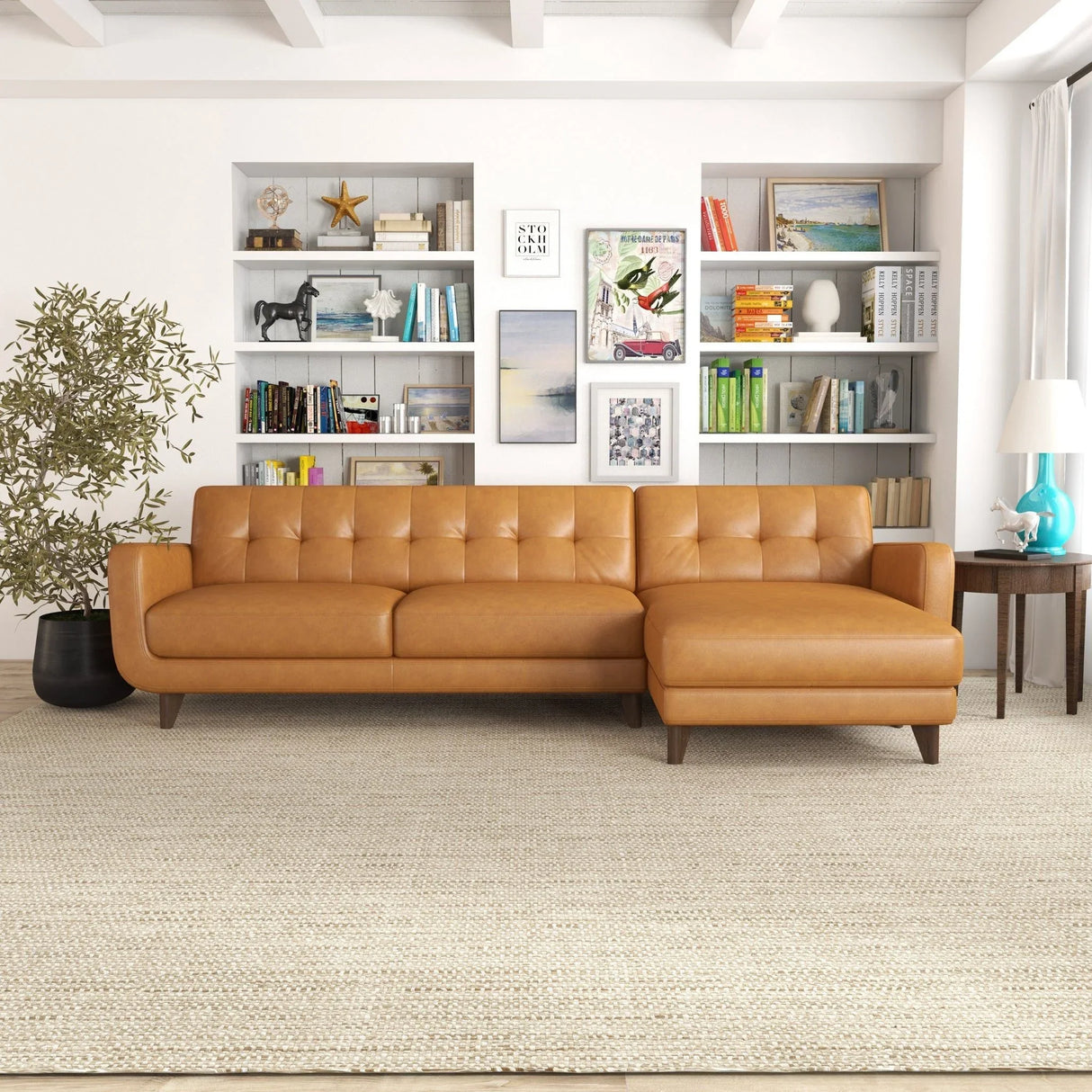 Allison - Mid-Century Modern Leather Sectional Sofa Chaise - Furniture Home Direct