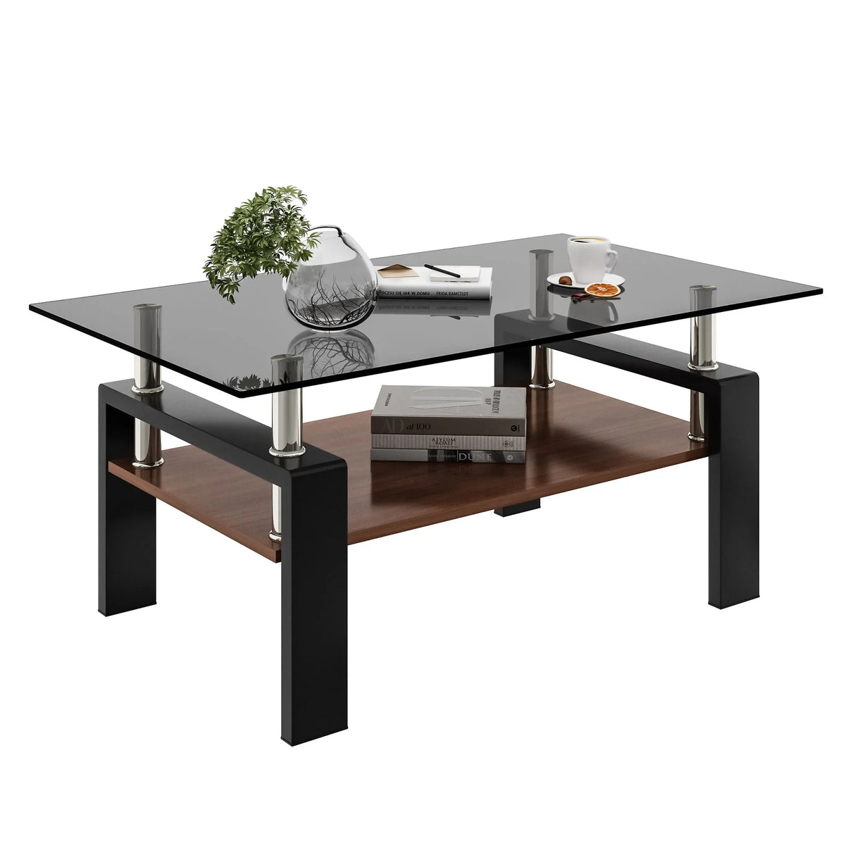 Modern Rectangular Coffee Table With Tempered Transparent Glass Top And Storage Shelf - Furniture Home Direct