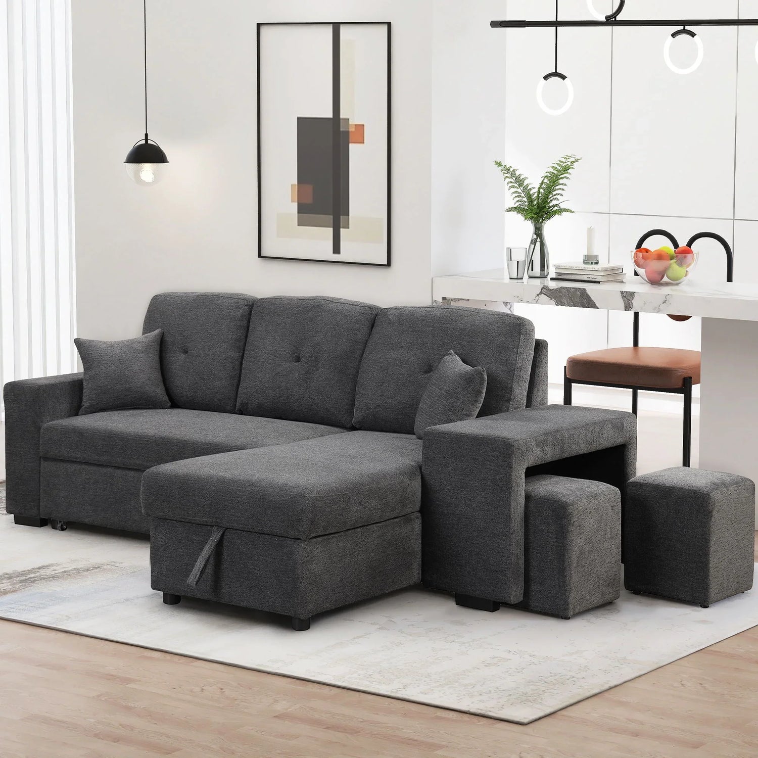 Reversible Sleeper Sectional Sofa Bed With Side Shelf And 2 Stools, Pull-Out L-Shaped Sofa Bed, Corner Sofa-Bed With Storage Chaise Left / Right Hande For Living Room - Furniture Home Direct
