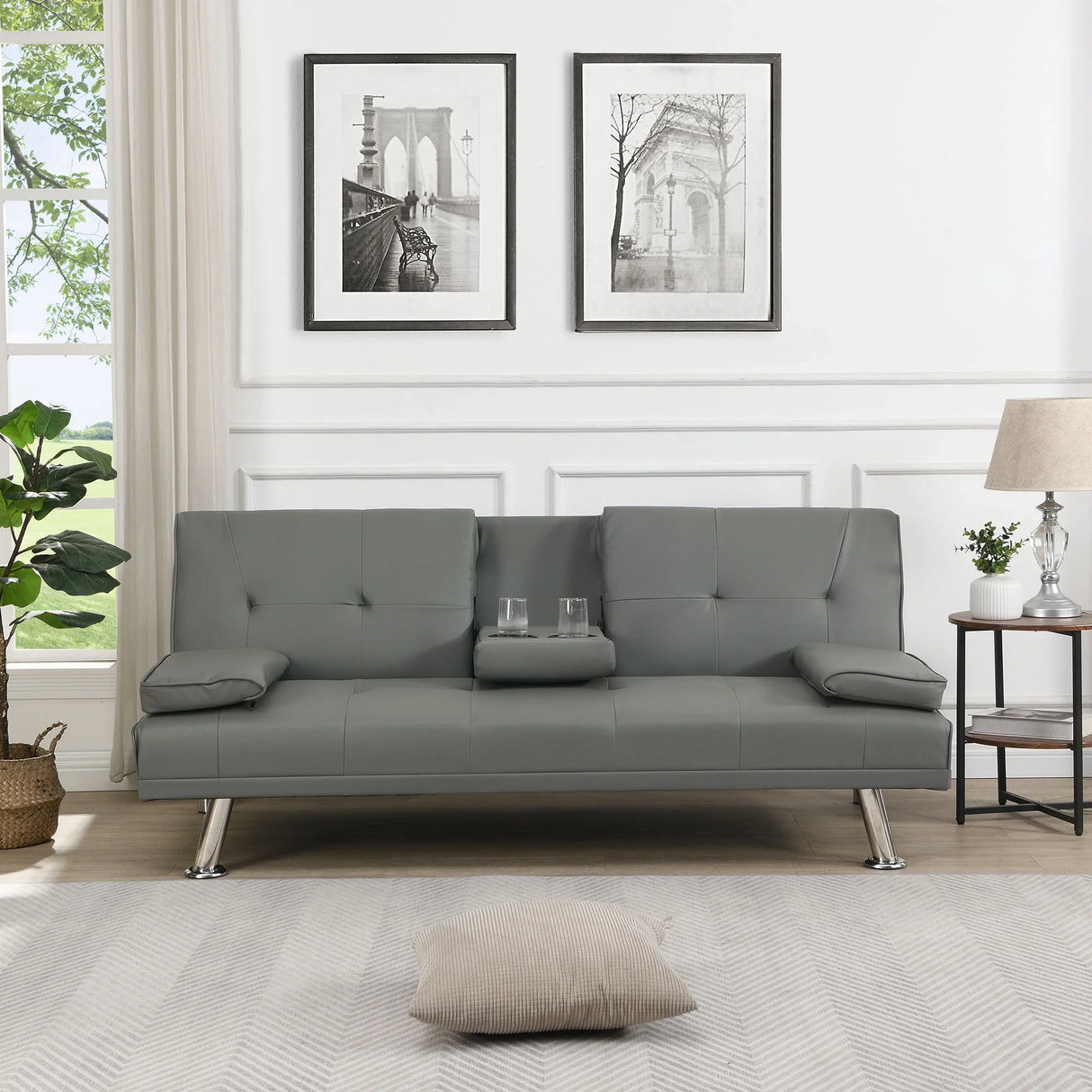Modern Sofa Bed With Armrest 2 Holders, Wood Frame & Stainless Leg - Furniture Home Direct