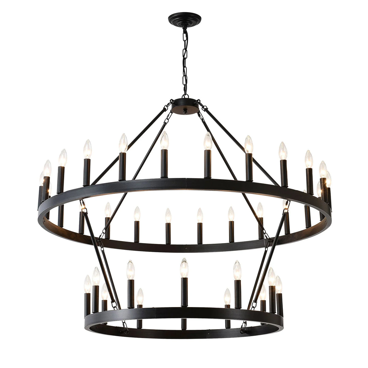 2 Tiers Wagon Wheel Chandelier Wooden Farmhouse 36 Light (24 / 12) Or (12 / 24) Metal Chandeliers 2 Story Light Fixtures Industrial For High Ceiling Living Dining Room Foyer, Adjustable Height - Black - Furniture Home Direct