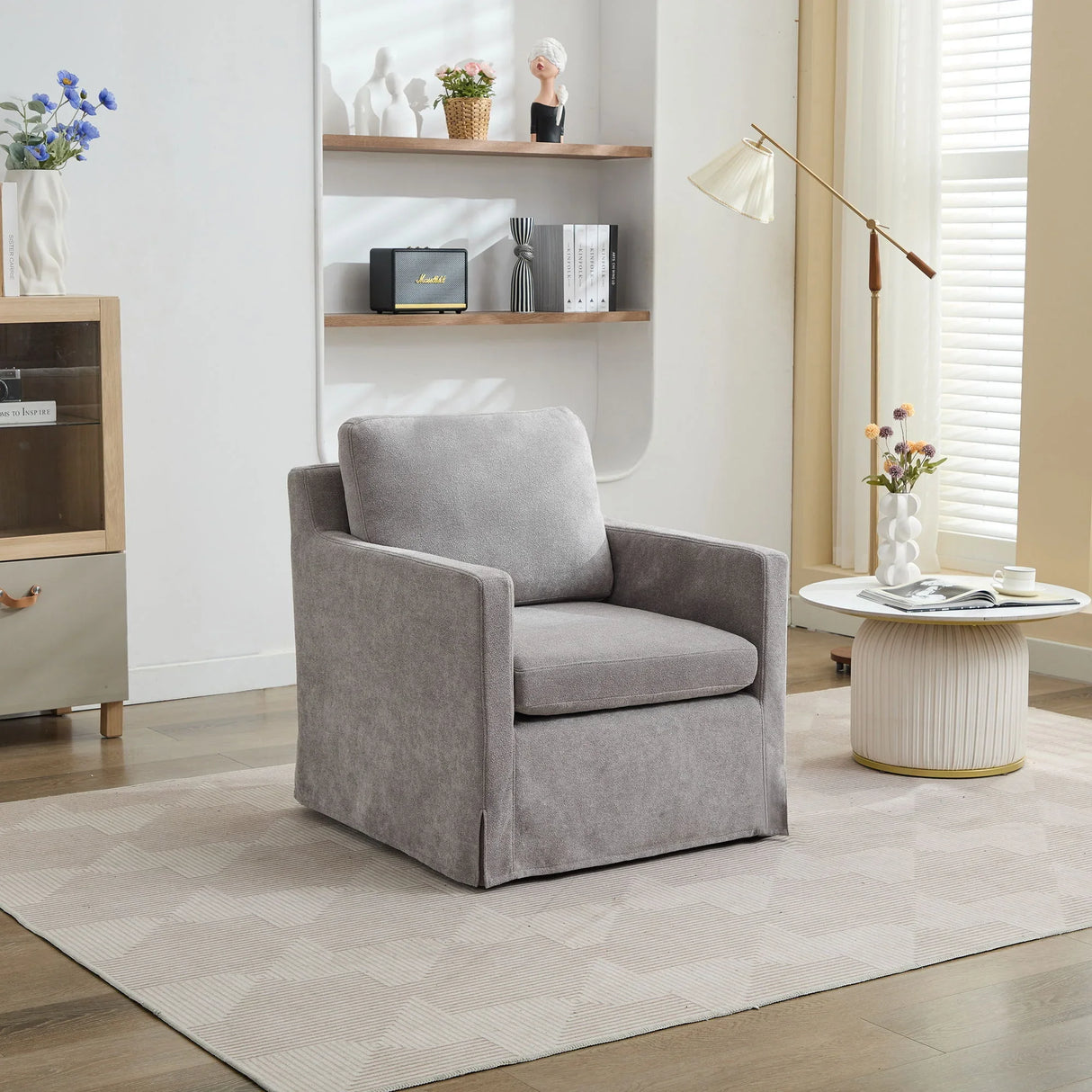 Upholstered Skirted Swivel Chair With Removable Back Cushion For Living Room - Furniture Home Direct