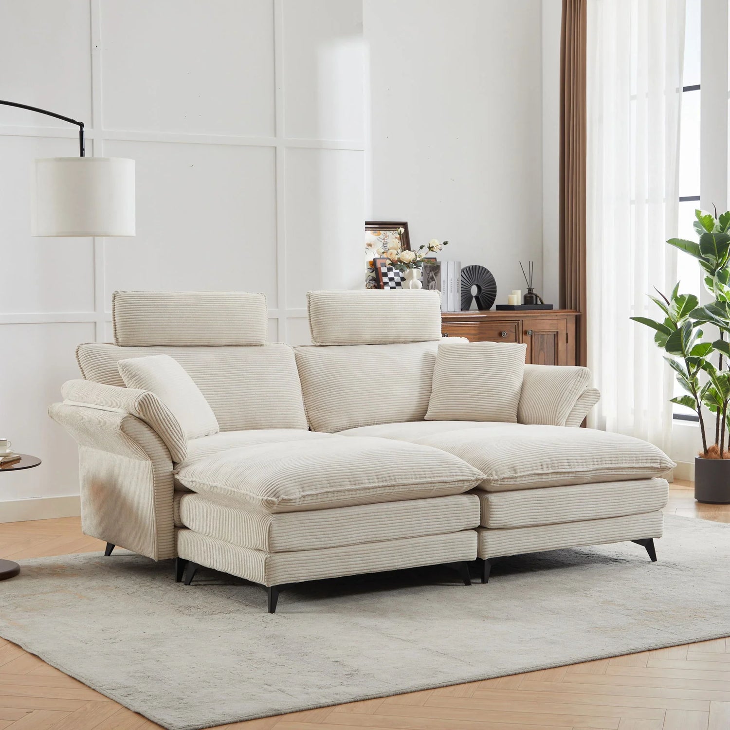 Modern Corduroy Deep Seat Sectional Sofa With Ottoman - Furniture Home Direct