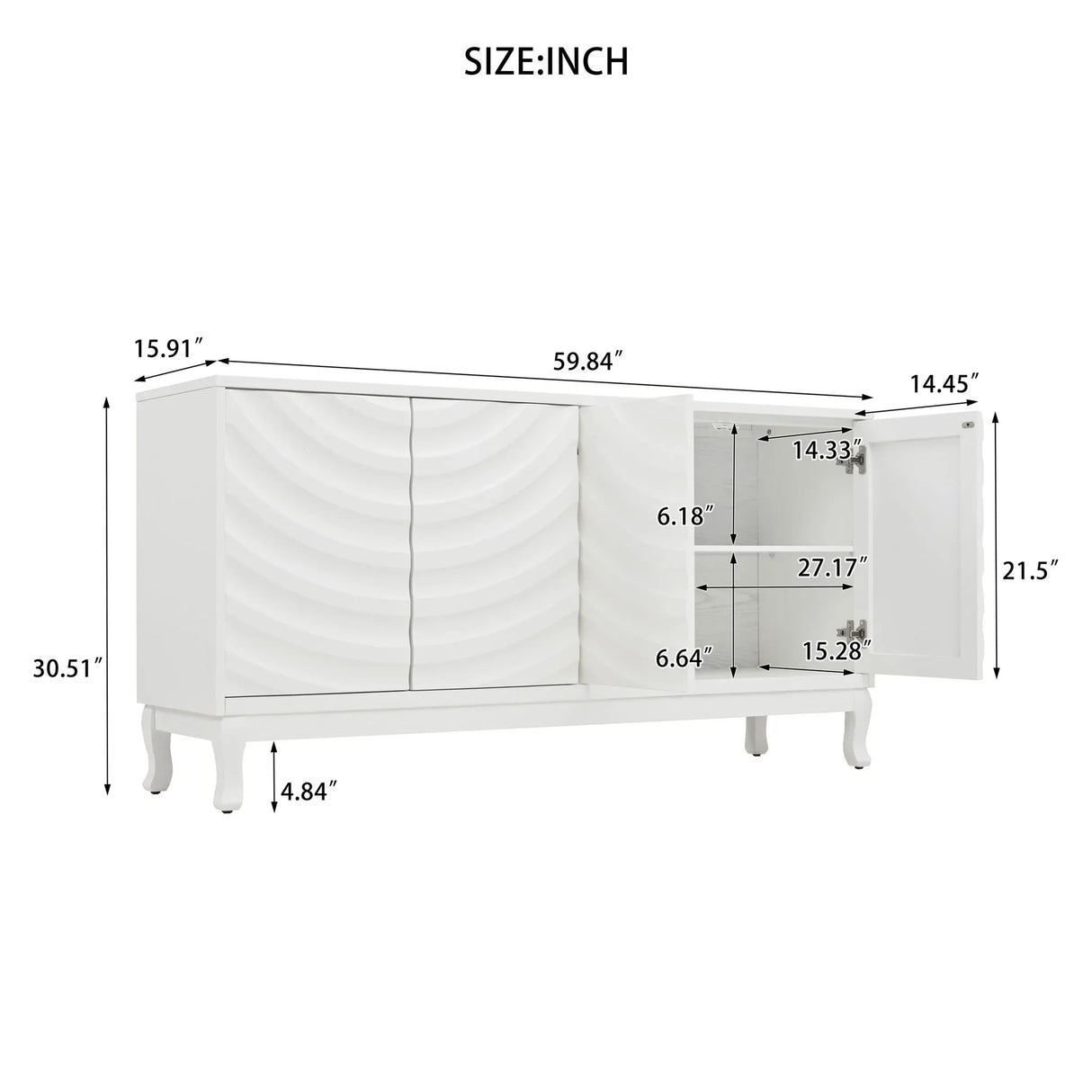 Elegant Sideboard With Sophisticated Wavy Pattern Doors And Arched Groove Design, Adjustable 4 Door Layout - Furniture Home Direct