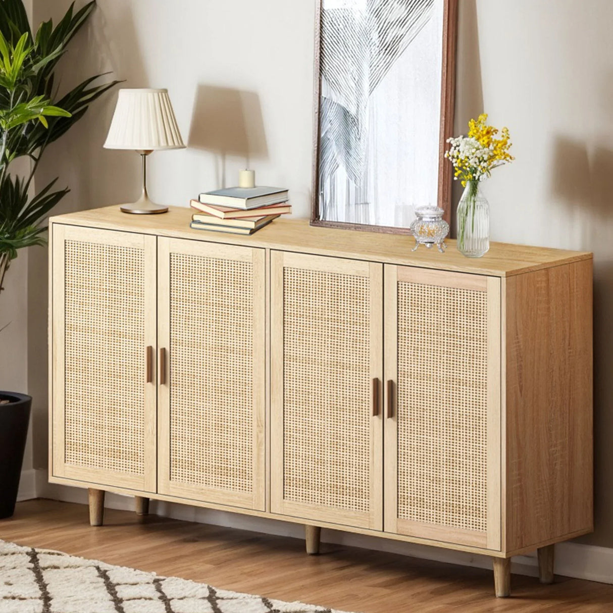 Elegant And Functional 4 Door Rattan Decorative Storage Cabinet - Furniture Home Direct
