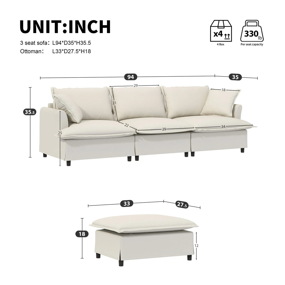 Sectional Sofa With Ottoman Cloud Couch Set With Throw Pillows, Free Combination - Furniture Home Direct