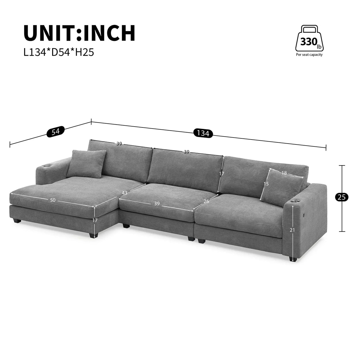 Oversized Sectional L Shaped Cloud Couch With USB Charging Port Cup Holder Deep And Wide Seat Sofa With Chaise Comfy - Furniture Home Direct