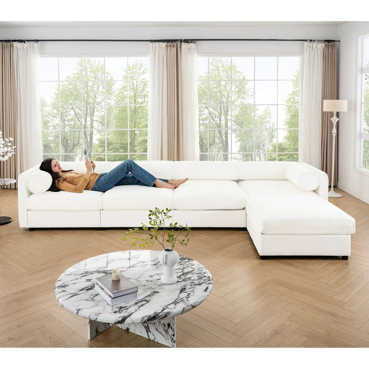 Contemporary Elegant White Chenille Sofa With Storage And Ottoman - Furniture Home Direct