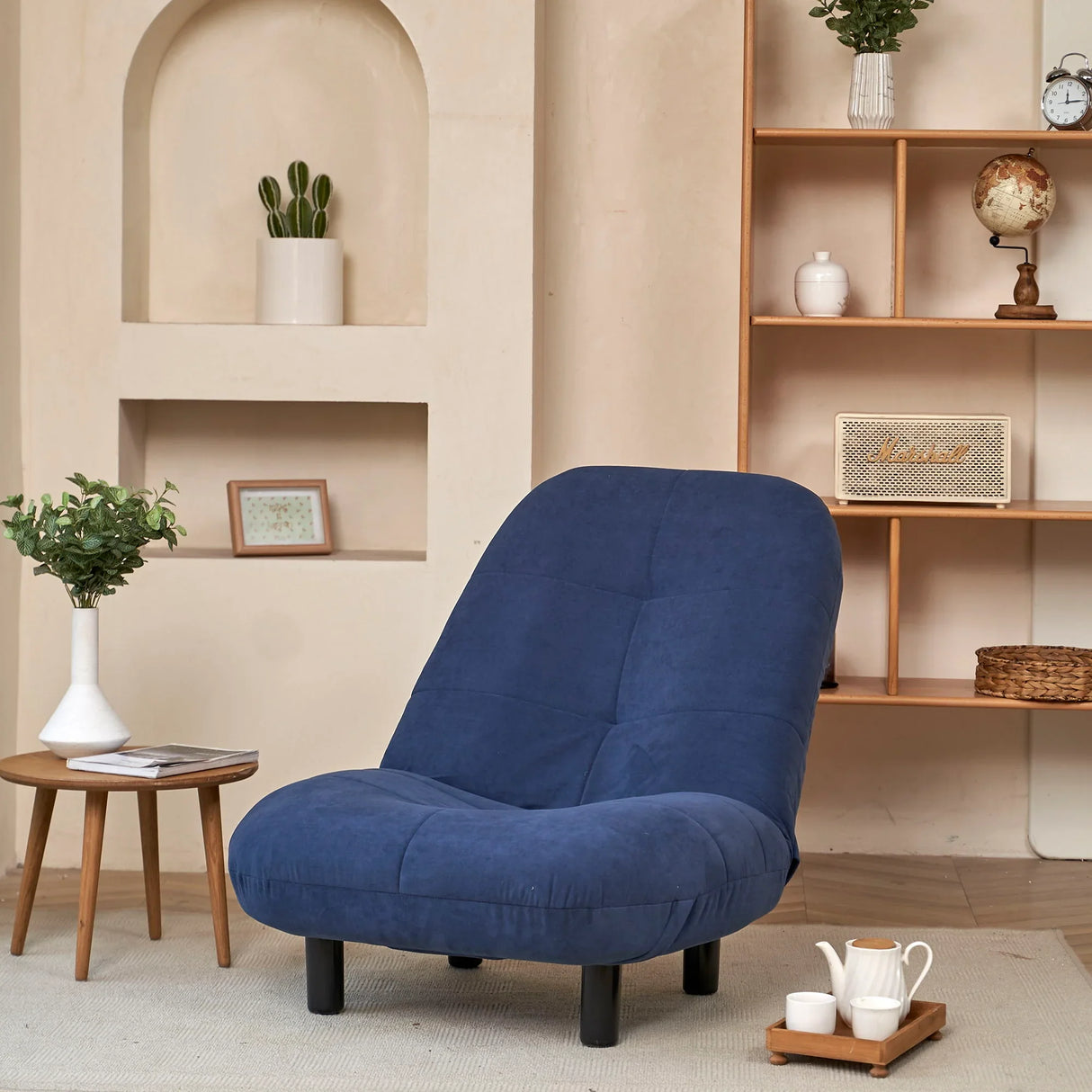 Single Sofa Reclining Japanese Chair Lazy Sofa Tatami Balcony Adjustable Chair - Navy Blue - Furniture Home Direct