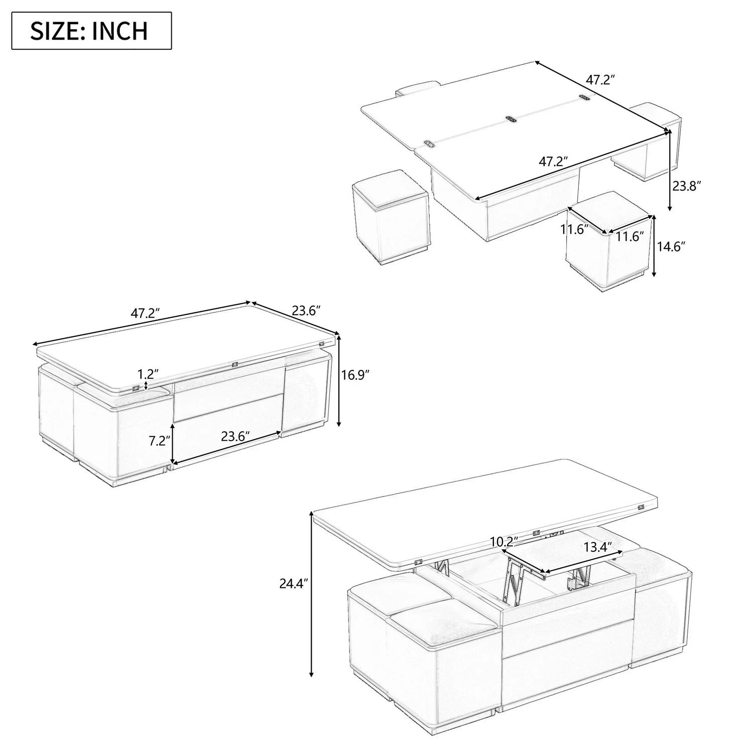 Multi Functional Adjustable Coffee Table With 4 Storage Stools - Furniture Home Direct