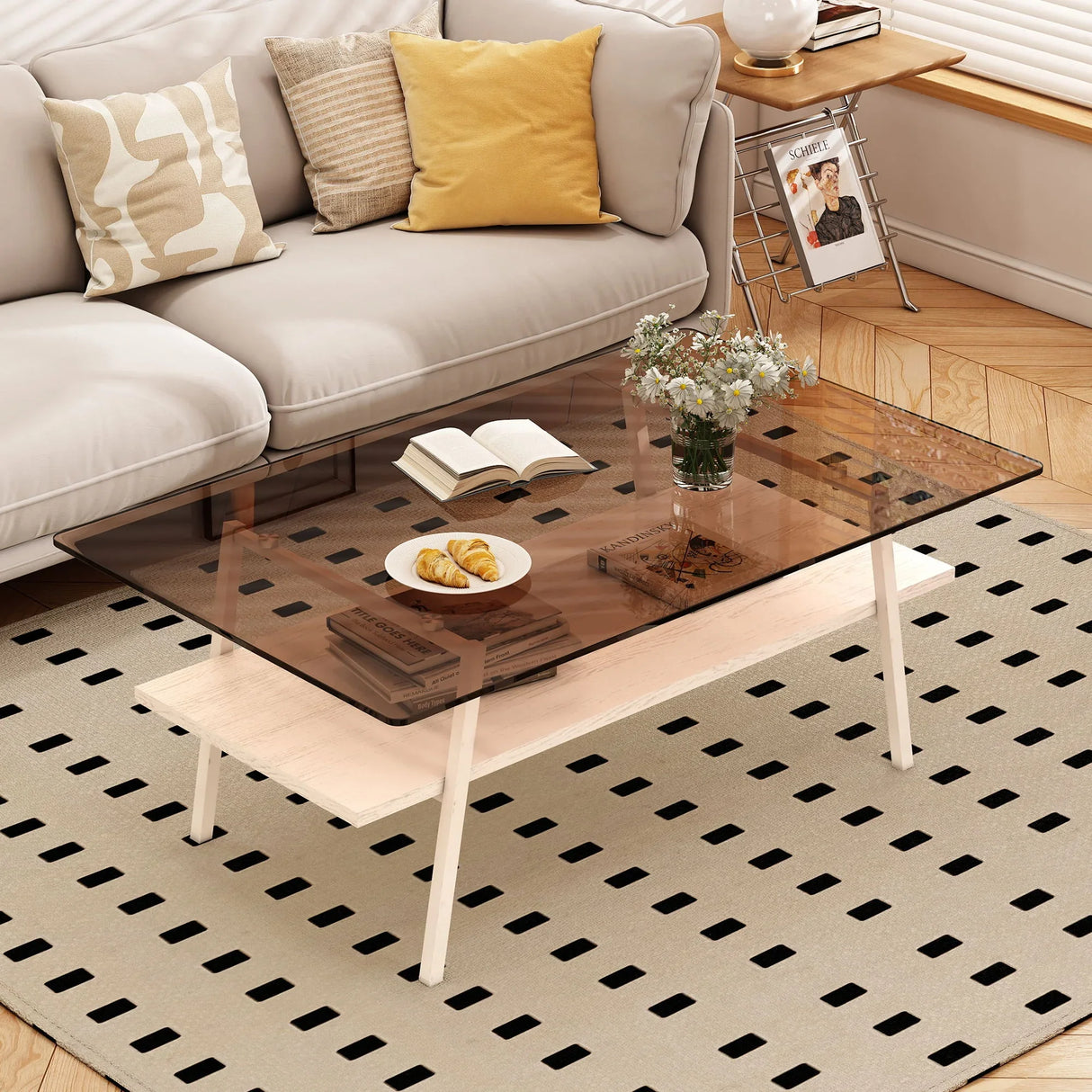 Rectangle Coffee Table, Tempered Glass Tabletop Modern Table For Living Room - Furniture Home Direct