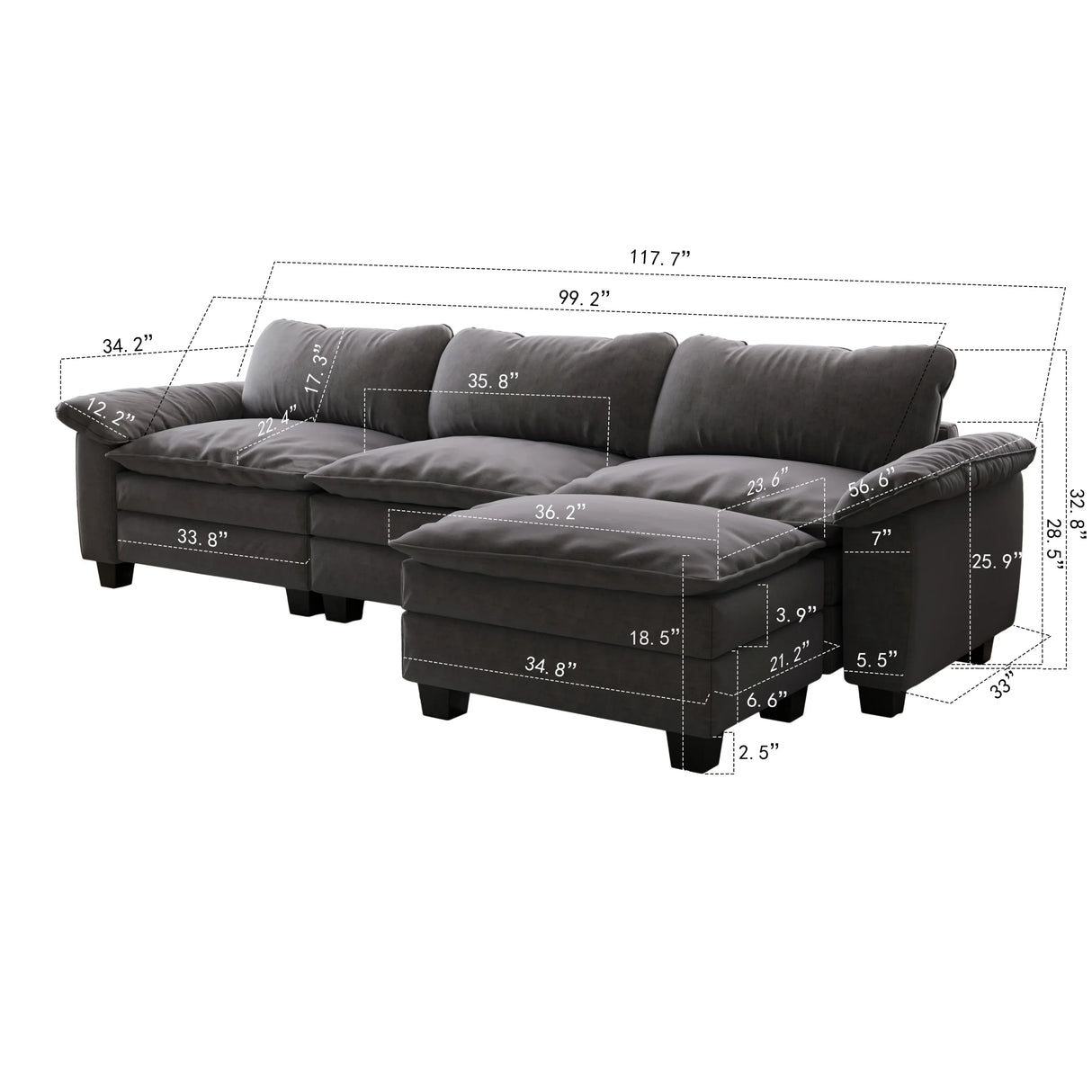 Sectional Sofa with Chaise Velvet Upholstery Premium Grey - Furniture Home Direct